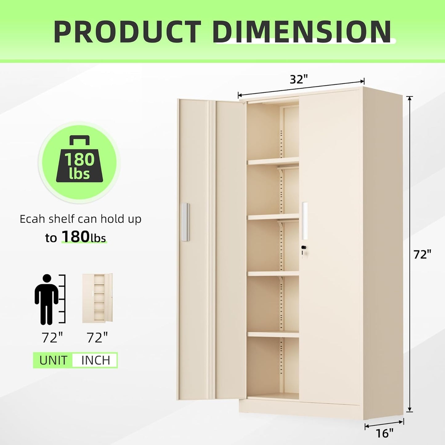 SUNCROWN 72" Metal Storage Cabinet - Heavy-Duty Metal Garage Cabinet with 4 Adjustable Shelves & 2 Doors for Tools, Office, Home, Workshop,Warm Grey-Small