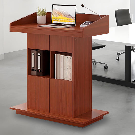 Solid Wooden Podium Stand Podiums for Classroom Lectern Podium Stand Wood Church Pulpit with 3 Levels of Storage and Heightened Baffles (Teak Color, 31.5in)