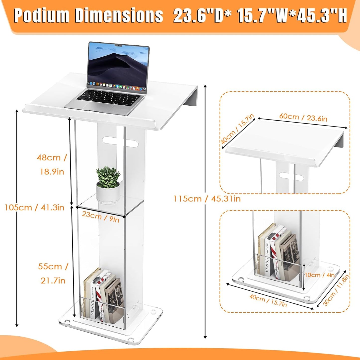 45.3 Acrylic Podium Lectern, Pulpit for Churches Stand with Double Shelves, Modern Plexiglass Pulpits Lectern with Cross Design for Classroom, Conference, Presentation,Wedding