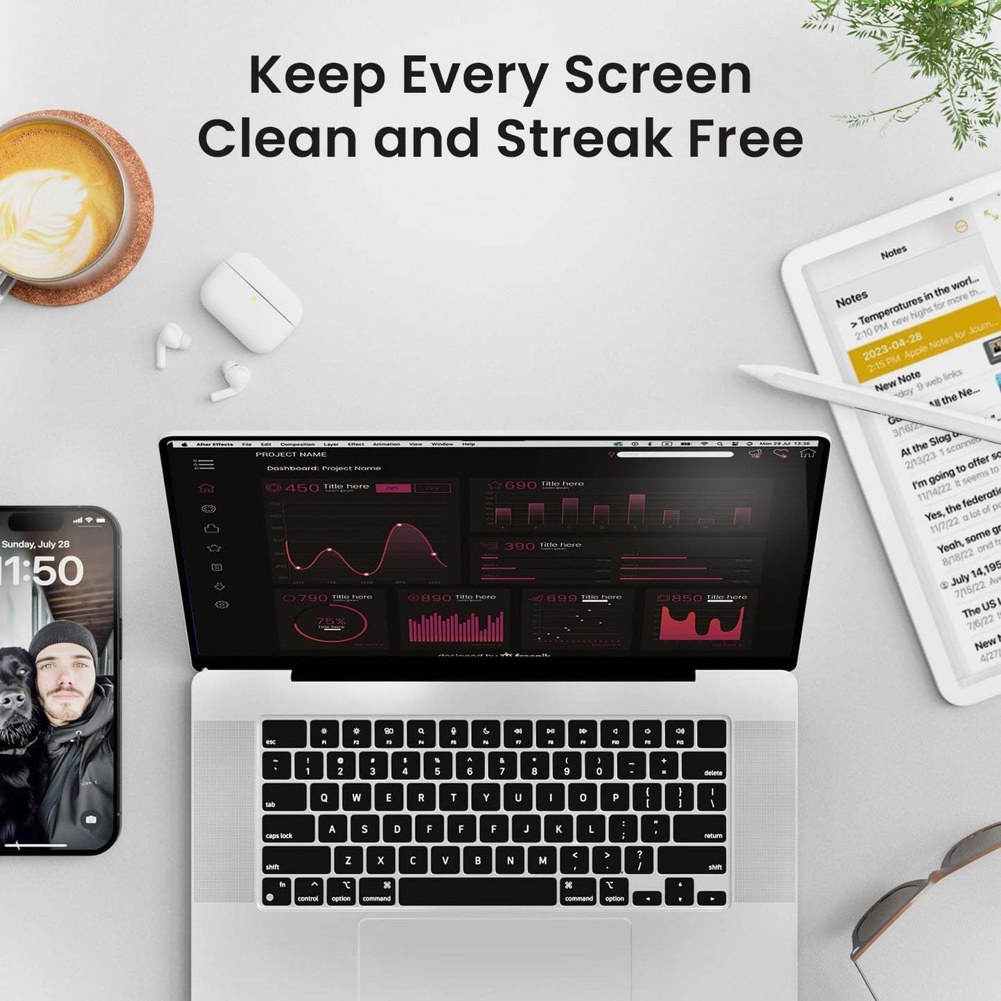 Electronic Wipes Streak-Free for Screen Cleaner & Smart Watch [4 Pack x 40] TV Screen, Smart TV, Computer Screen, Laptop, Phone, Tablet, and Electronics devices - Microfiber Cloth Included [160 Wipes]