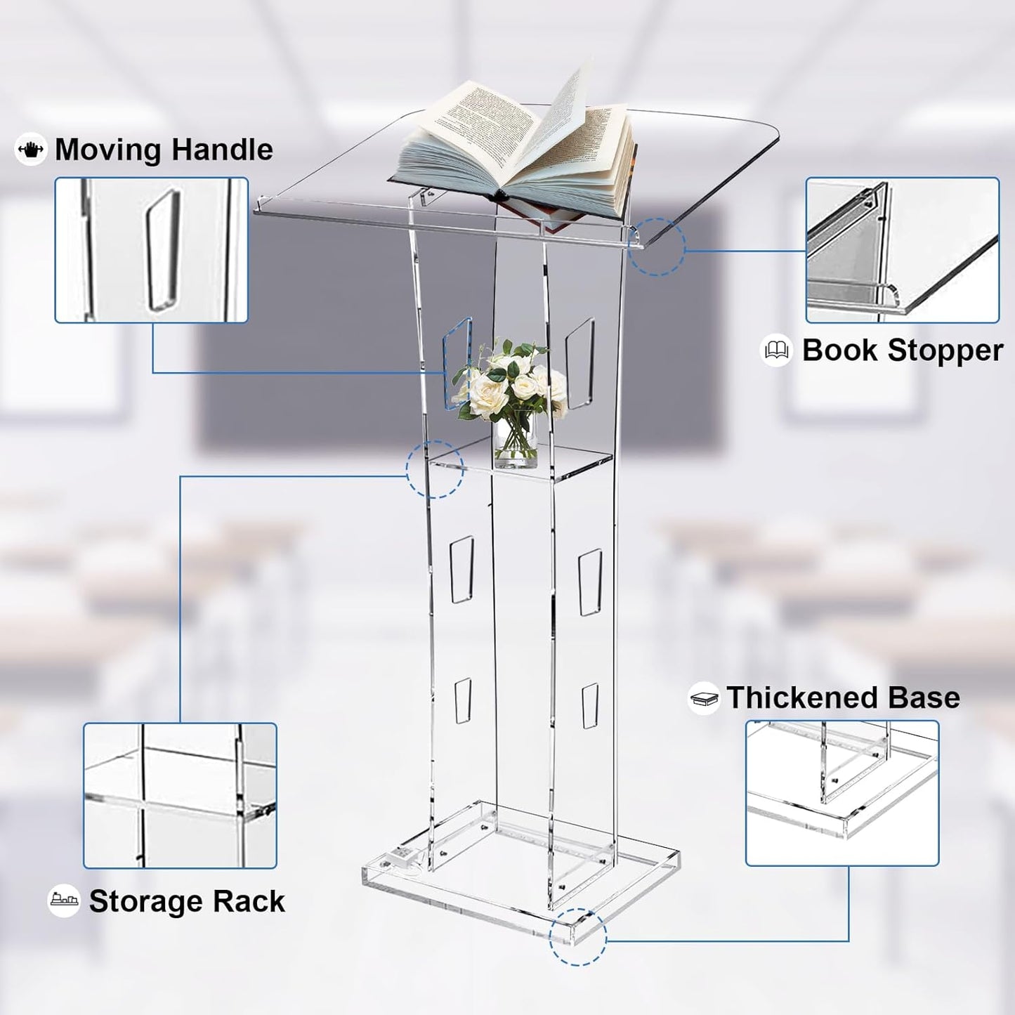 Acrylic Podium Stand, Ultra Clear 43'' Pulpits for Churches with 15 Color Adjustable, Modern Lectern with Storage Sheld for Church,Conference,Speech,Classroom, 23.62”x 15.75”X 43.3”