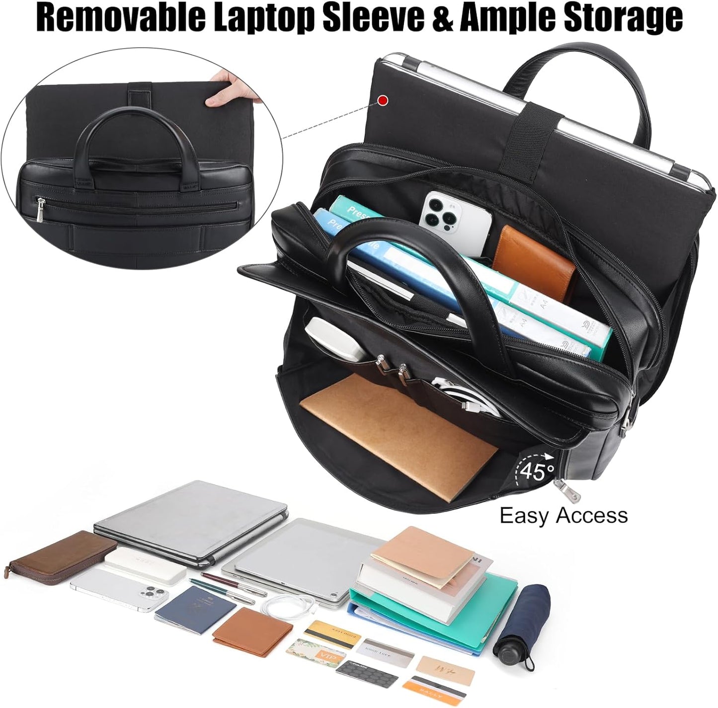 Masa Kawa Leather Briefcase for Men 15.6" - 17" Laptop Computer Case Business Travel Work Messenger Cross Body Shoulder Bag