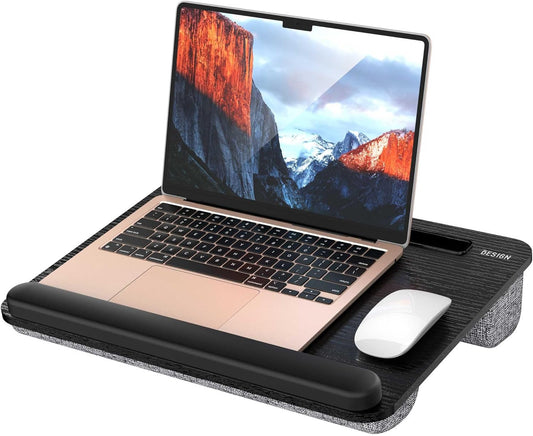 Besign LT08 Laptop Stand, Portable Lap Desk with Pillow Cushion, Fits up to 14 inch Laptop, with Anti-Slip Strip for Desk, Sofa & Bed, Black and Gray