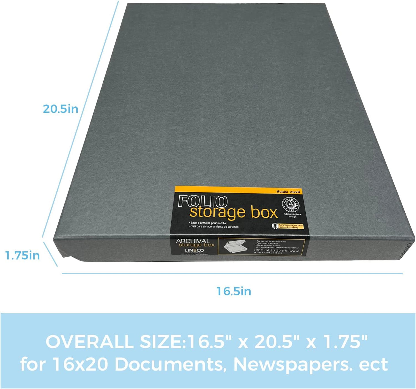 Lineco Folio Storage Box, Clamshell Design with Metal Edge. 16.5x20.5x1.75 Inches, Archival Boxboard, Preserve Photos, Cards, Magazines, Documents, Art, Ephemera, Family Records, Gray, Pack of 1