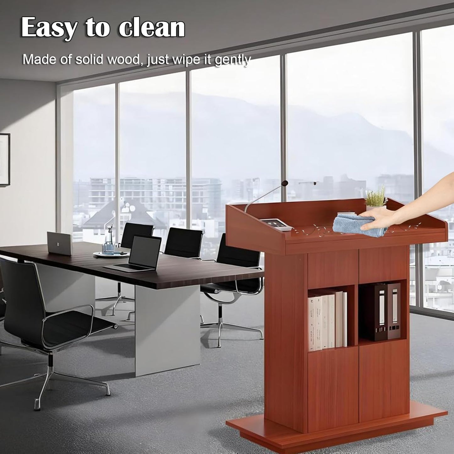 Solid Wooden Podium Stand Podiums for Classroom Lectern Podium Stand Wood Church Pulpit with 3 Levels of Storage and Heightened Baffles (Teak Color, 39.4in)