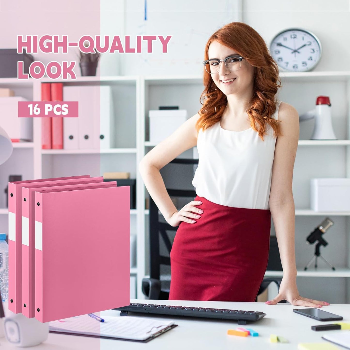 Henoyso 16 Pcs 3 Ring Binder 1/2'' Round Fits Letter Size 8. 5'' x 11'' Paper Plastic Flexible Binder Holds 100 Sheets with 1 Pockets Versatile Organizer for Office Home School (Pink)