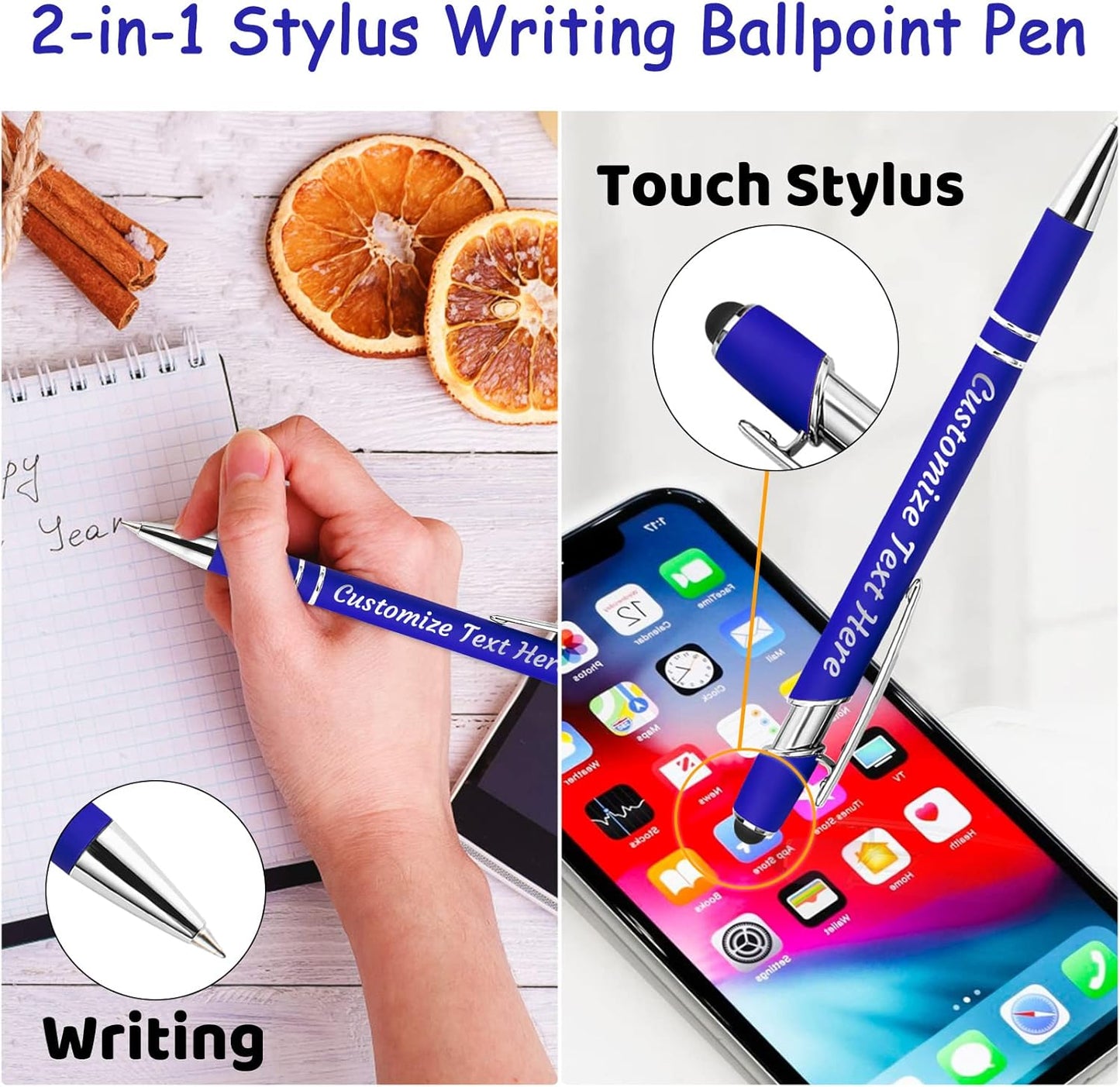 Personalized Pens Bulk 50 with Name Custom Engraving Ballpoint Pens with Stylus Tip Customized Smooth Writing Pens Personalized Gifts for Anniversary Birthday or Graduation(White,Black Ink)