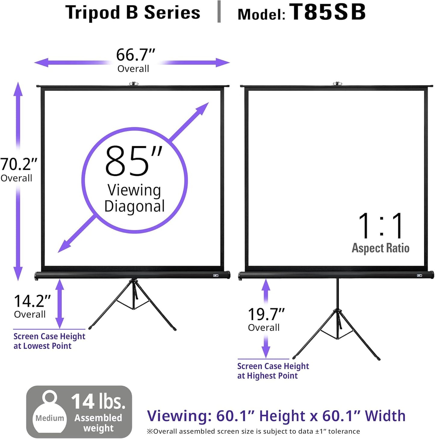 Elite Screens Tripod B, 85-INCH 1:1, Lightweight Pull Up Foldable Stand, Manual, Movie Home Theater Projector Screen, 4K / 8K Ultra HDR 3D Ready, US Based Company 2-YEAR WARRANTY, T85SB, black