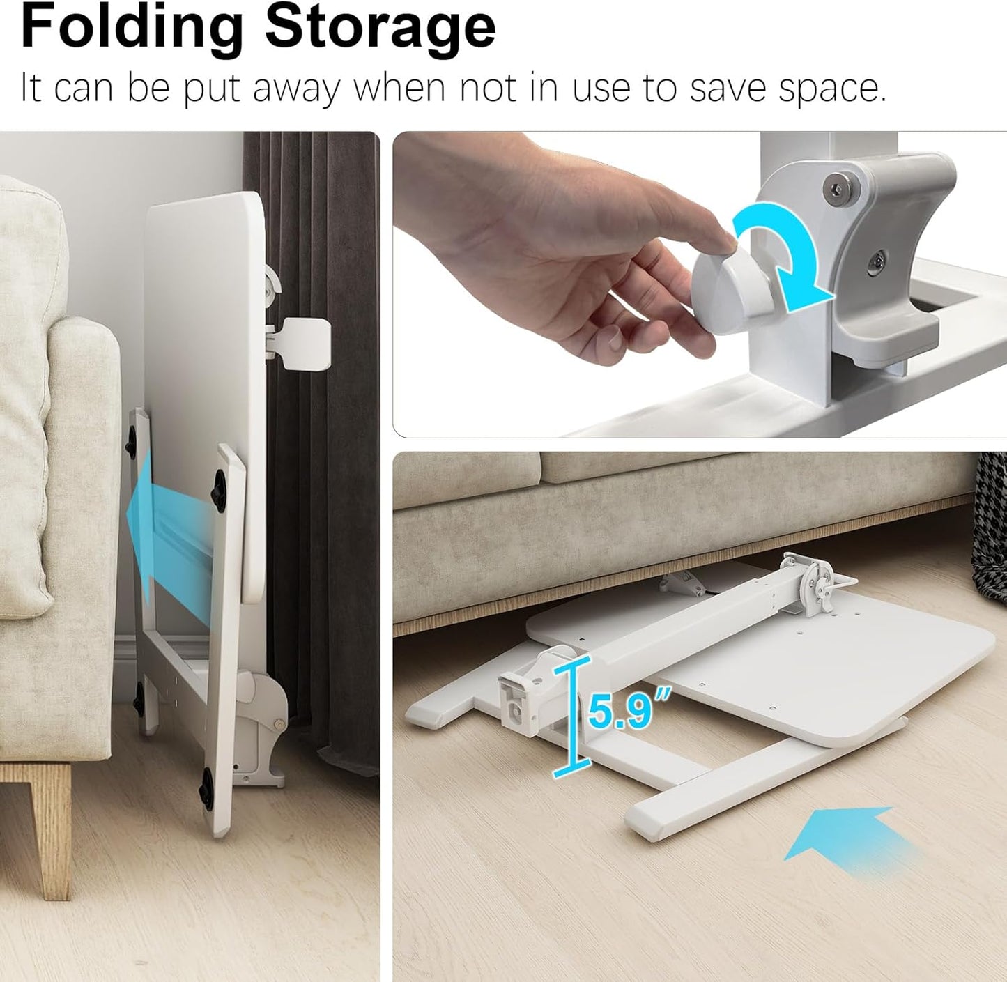 PUNCIA Adjustable Height Small Standing Desk Foldable Laptop Table with Stoppers - 90° Tiltable Rolling Computer Cart Portable Workstation Mobile Desk for Home Office Small Space Bedroom Dorm Study