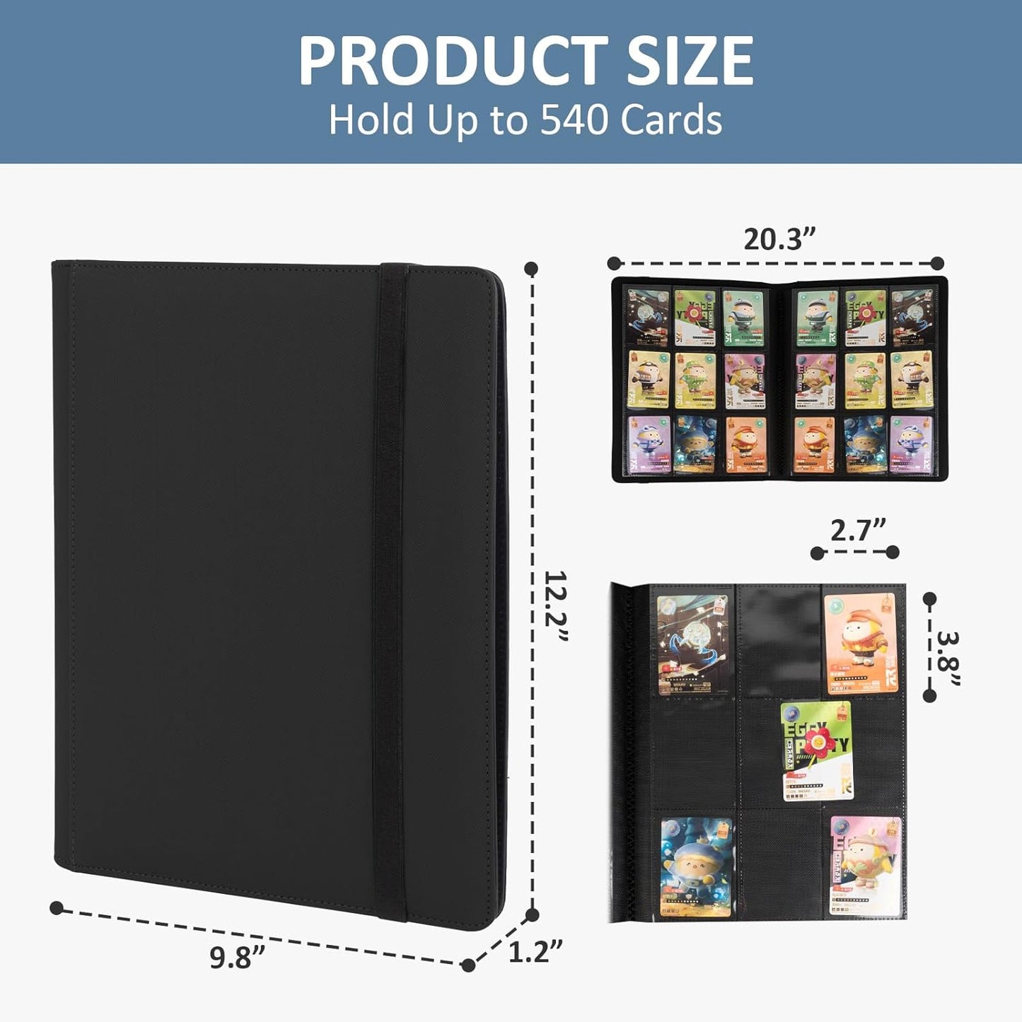 Trading Card Binder 9 Pocket, Fvxldcz PU Cover Card Collection Binder 540 Cards Sleek Side-Loading Card Album, Sturdy Card Collection Folder for TCG, MTG, Yugioh, Sport Cards (Black-2)