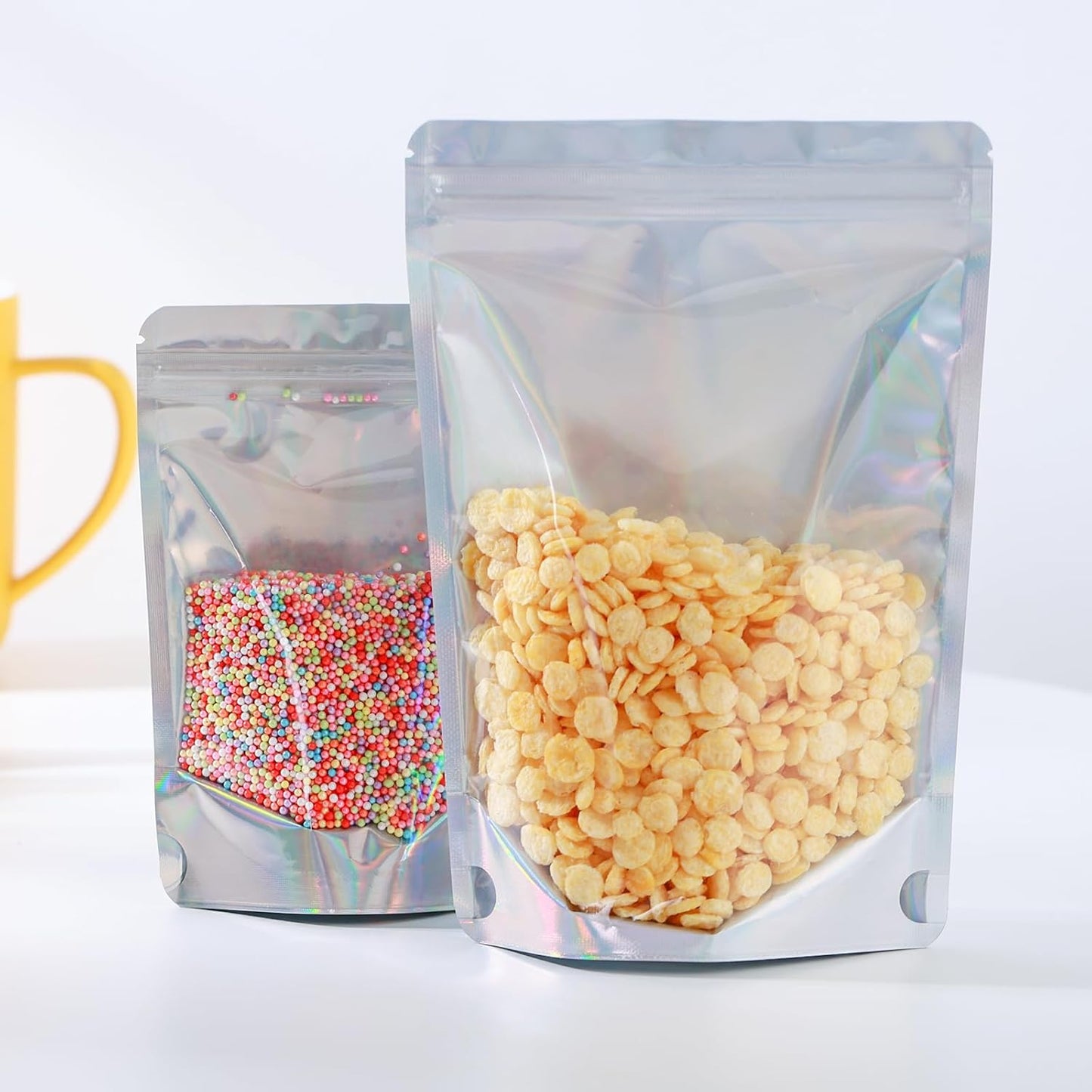 150 Pcs Mylar Bags for Food Storage, 5x8 Mylar Bag with Window Stand Up, Small Holographic Resealable Bags Smell Proof Bag Food Packaging for Small Business Freeze Dried Candy Jewelry Foil Packaging