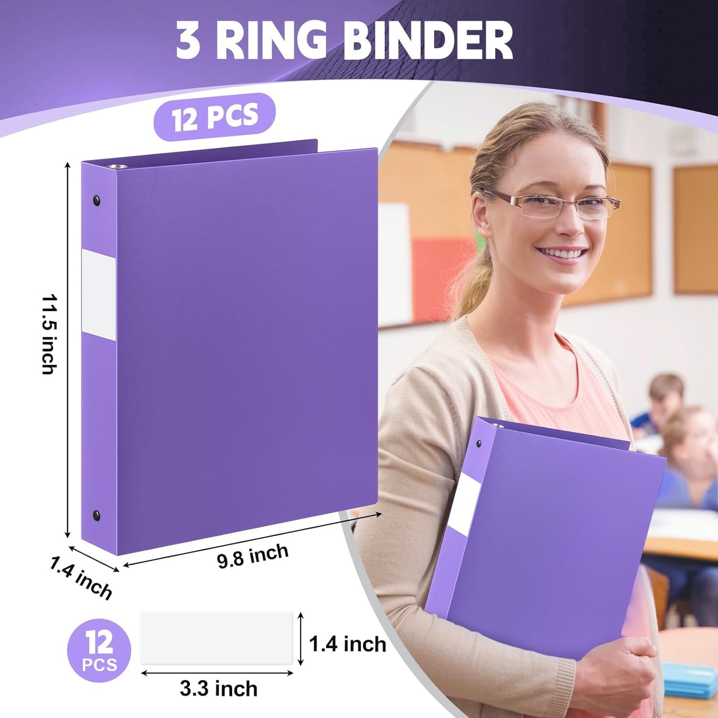 12 Pcs 1 Inch 3 Ring Plastic Binder Flexible Binders Bulk Fits Letter Size 8.5'' x 11'' Paper Holds up to 225 Sheets with 1 Pockets Versatile Binder for School Office Home (Purple)