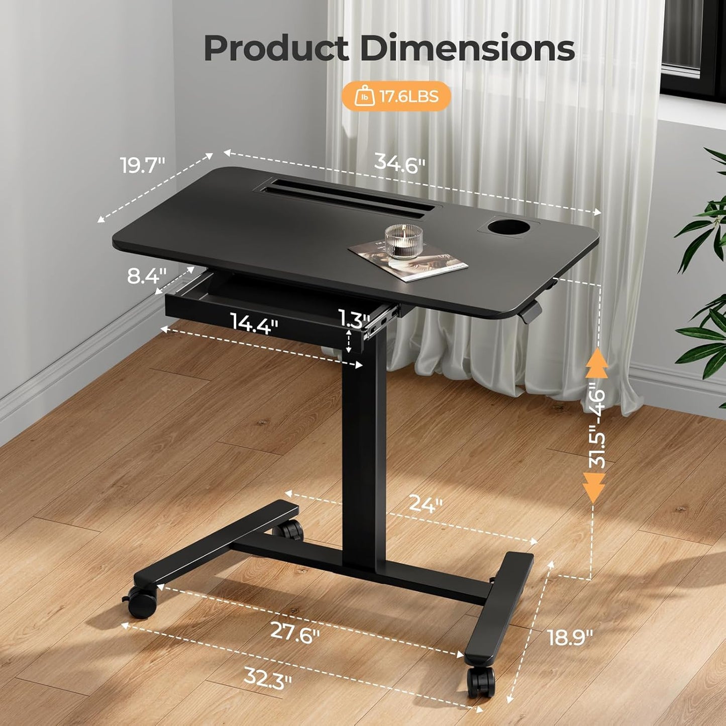 Mobile Standing Desk with Drawer, 35" Small Standing Desk with Cup Holder, Rolling Laptop Cart on Wheels, Height Adjustable Table with Storage for Home Office, Black