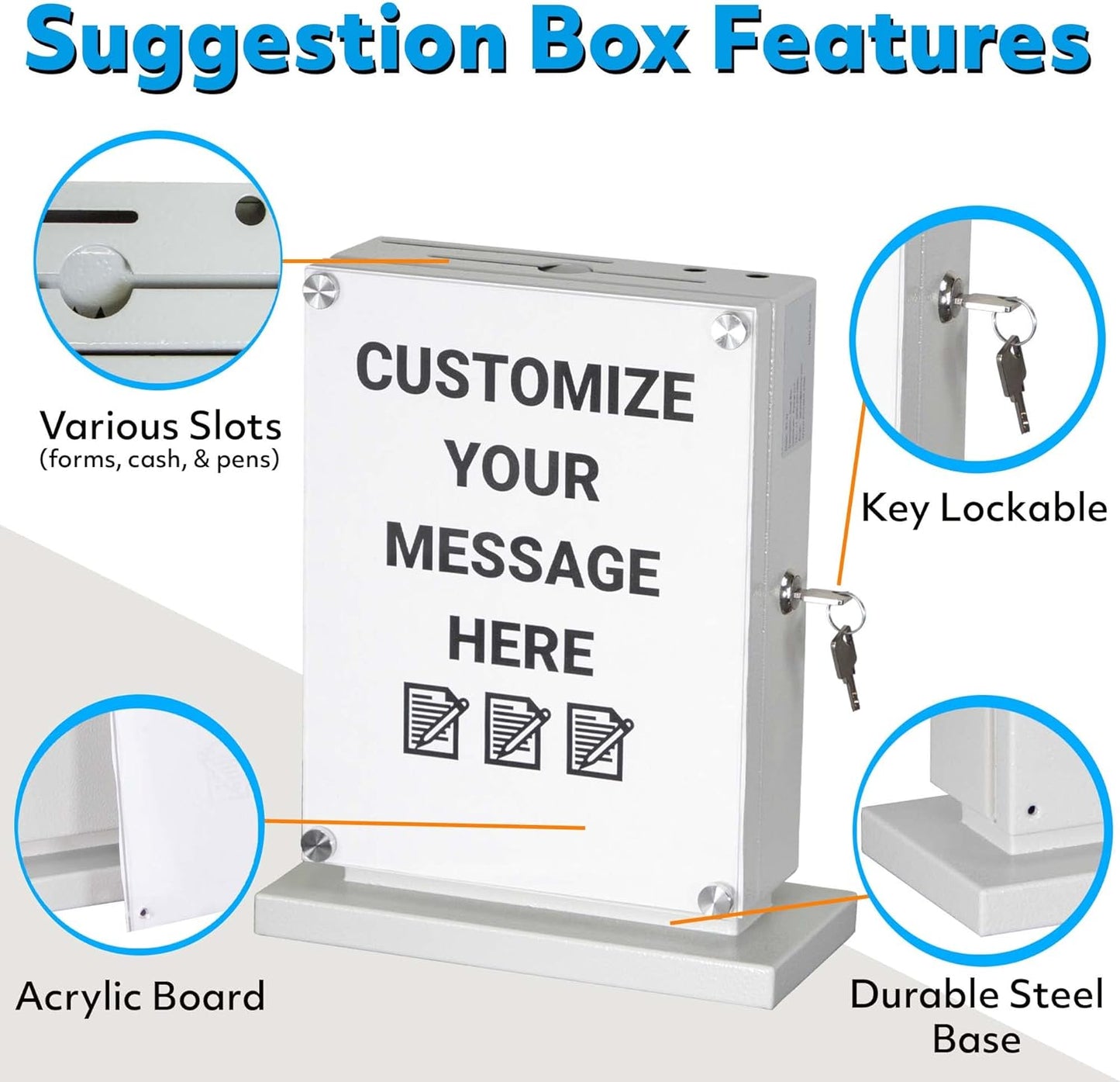 Large Suggestion Box With Slot and Lock - Metal Wall Mounted Ballot Box, Donation Case, Safe Lock Tip Jar For Fundraising, Hotel, Bar and School Voting Use (White, 10'' x 4.75'' x 12.5'')