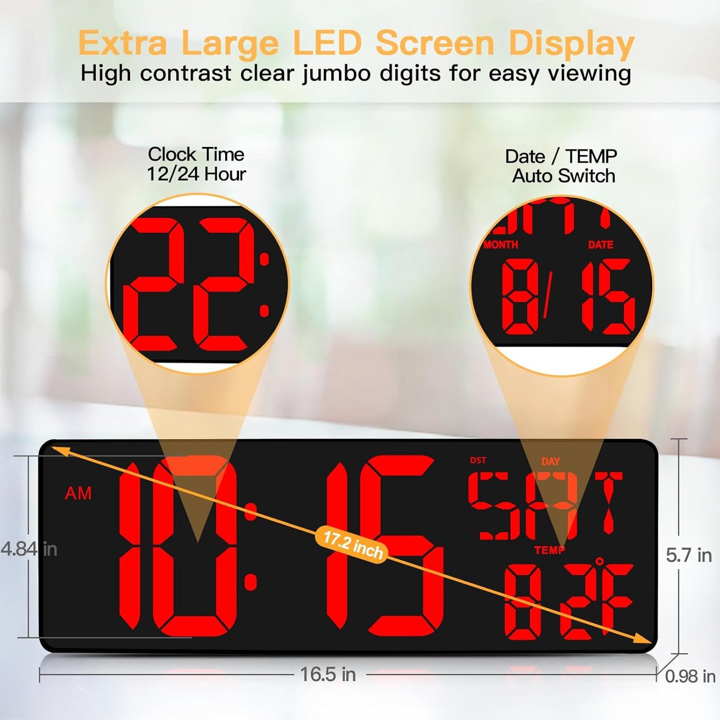 XREXS Large Digital Wall Clock with Remote Control, 16.5 Inch LED Large Display Count Up & Down Timer, Adjustable Brightness Alarm Clock with Day/Date/Temperature for Home, Gym, Office and Classroom