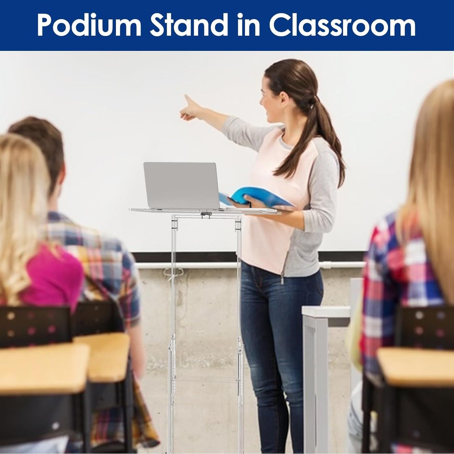 Acrylic Podium Stand,49"H Rolling Podium with Lockable Wheels,Height & Angle Adjustable Lecterns & Podiums, Portable Podium for Classroom,Teachers,Pulpits for Churches,Speech, Clear