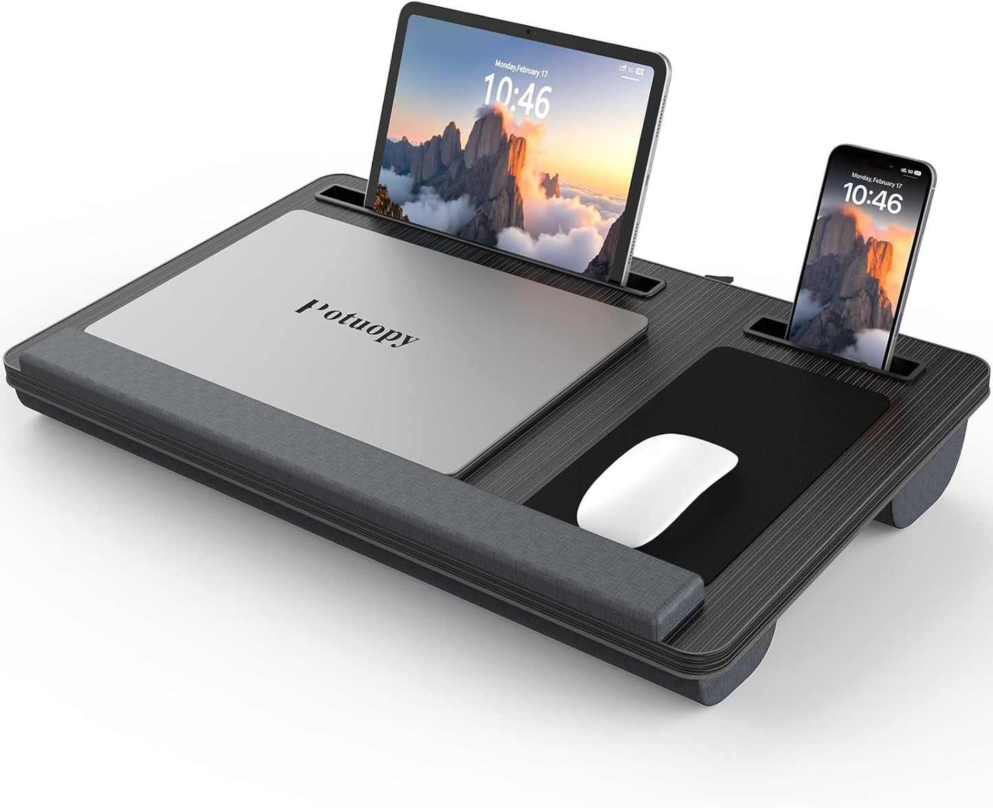 Lap Desk - Up to 17” Laptop Tray with Wrist Rest, Portable Handle, Fixed Mouse Pad, Tablet & Phone Slots, Laptop Stand for Bed with Cushion (Black)