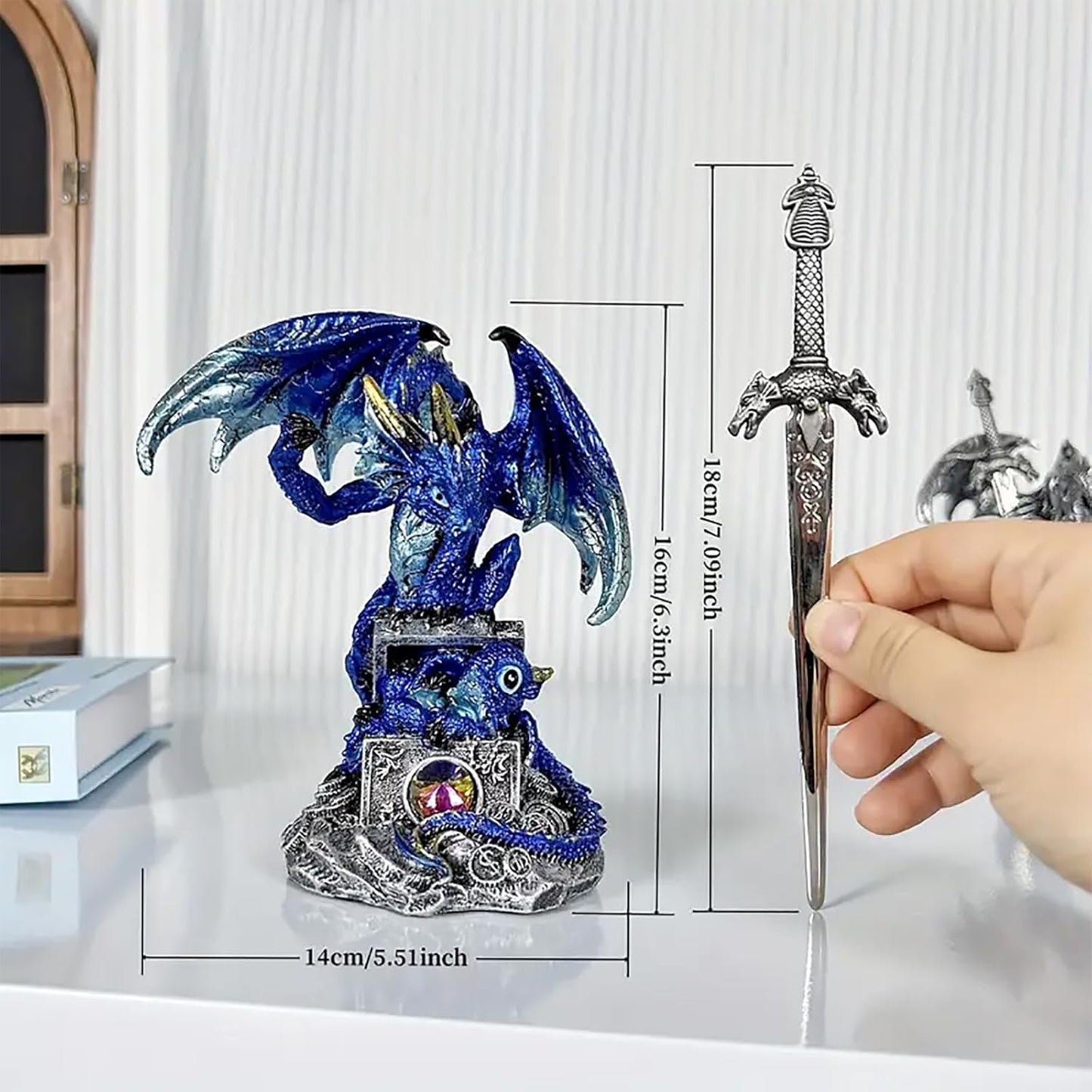 Dragon Statue Holding Silver Draconian Sword Letter Opener Figurine Dragon Sculpture Medieval Fantasy Home Office Decor 7.68 Inches (Blue)