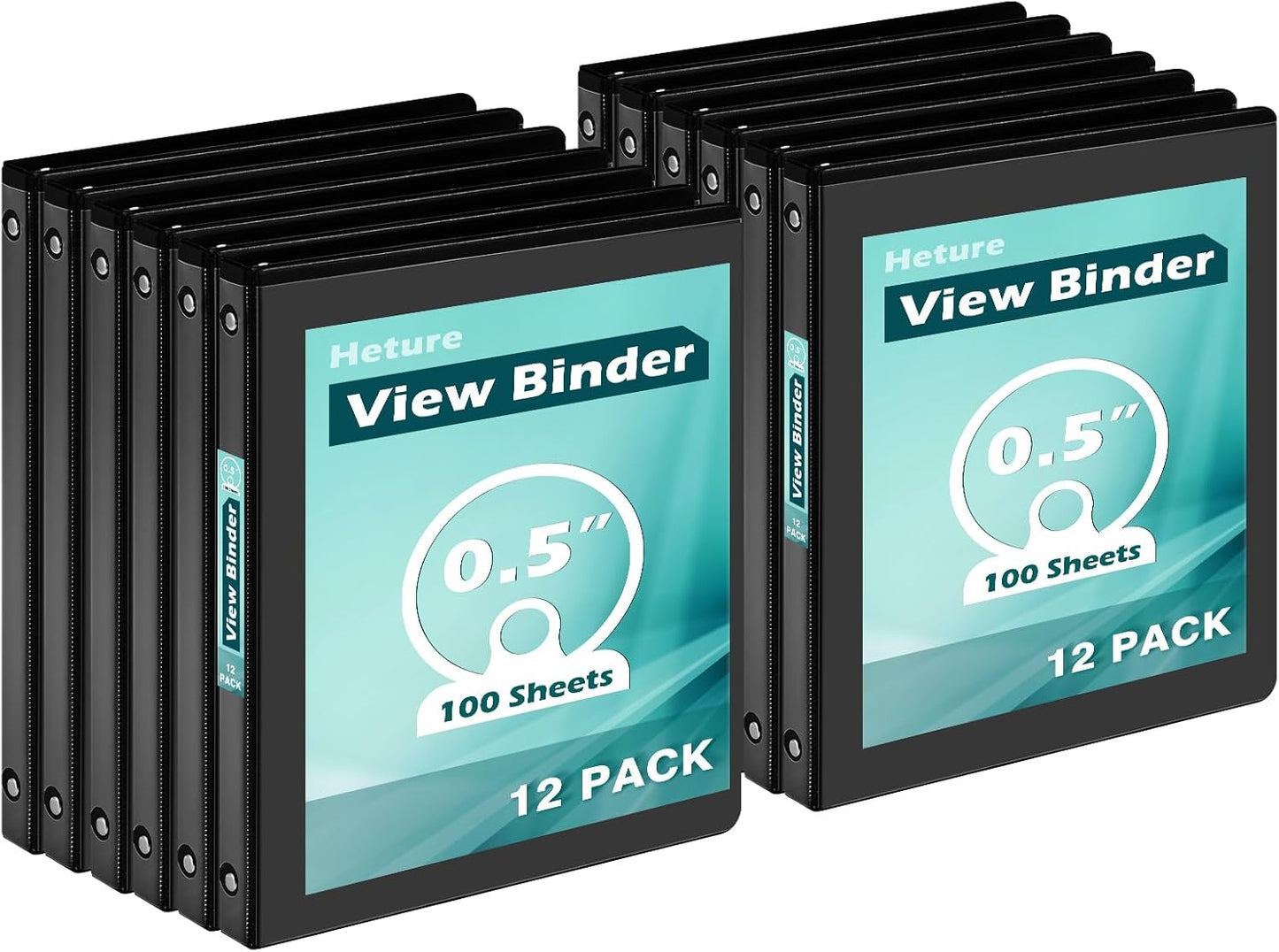 3 Ring Binder 0.5 Inch 12 Pack, 0.5" Clear View Round Ring Binders, PVC-Free, Holds for 100 Sheets 8.5"x 11" US Letter Size Paper, 1/2 in Durable Black Binders for Office,School and Home.