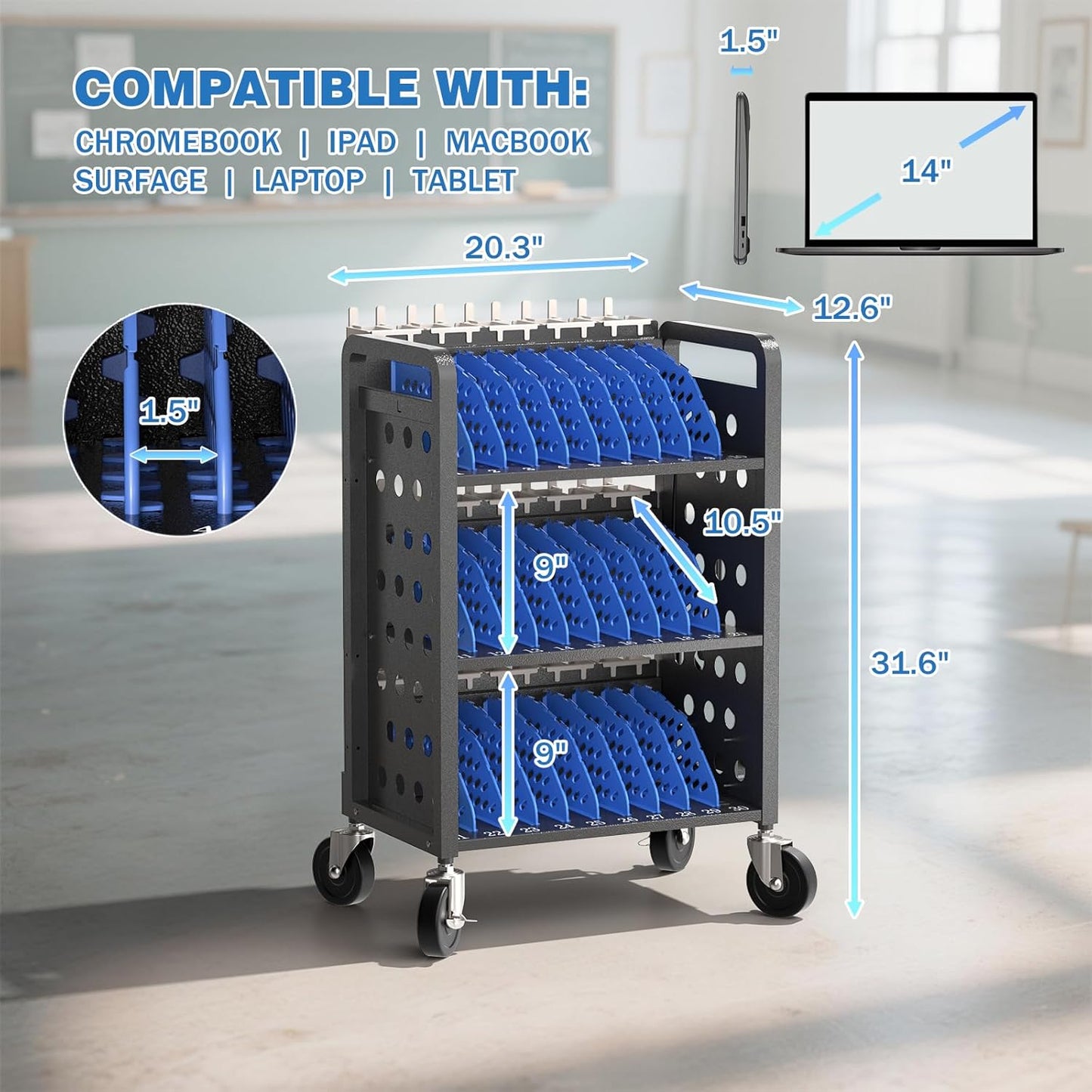 30 Unit Mobile Charging Cart - Open Charging Station Rack for iPad, Chromebooks, Tablets 14inch -  Tablet Organizer Station for Classroom - Laptop Storage Cart with Cable and Charger Organization