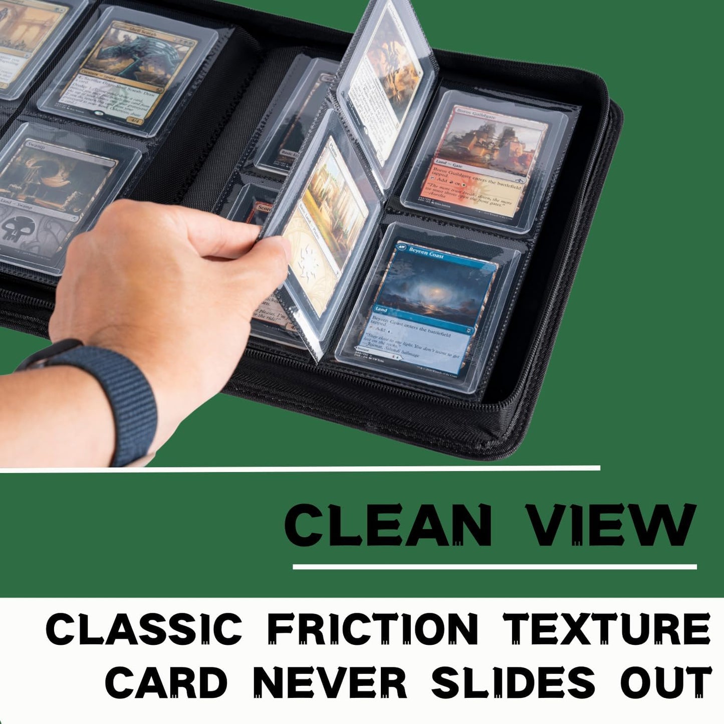 Toploader Binder, Holds 128+ Toploaders, 4 Pocket Top Loader Card Storage Case, Double-Sided Pockets for trading card in 3 x 4'' Toploaders（Green）