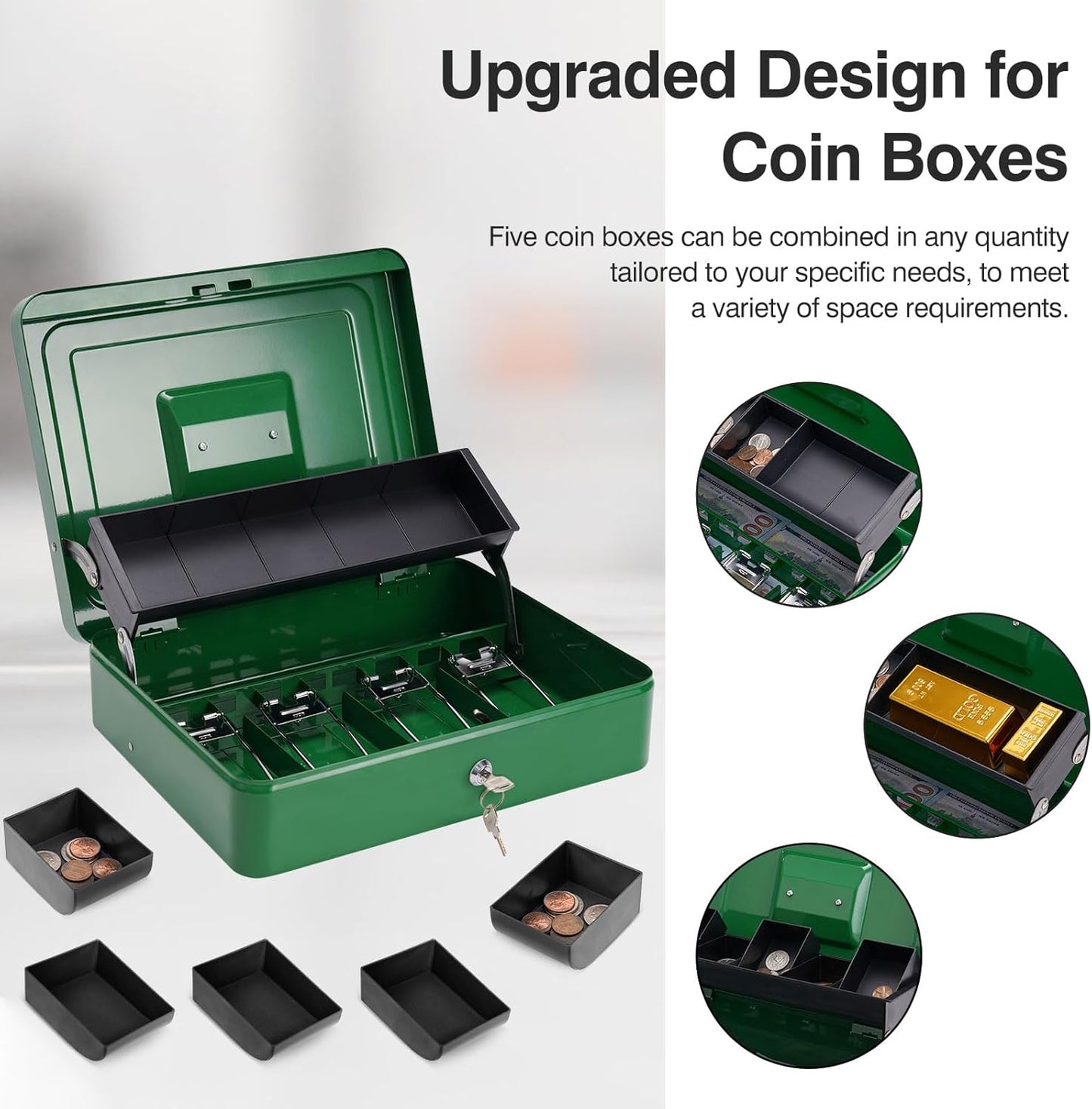 Cash Box Metal Money Box with Tray & Key Lock,Tiered Locking Cash Boxes,Durable Lock Safe Box with Key,4 Bill / 5 Coin Slots,Large 11.8L x 9.5W x 3.5H Inches (Key, Dark Green)