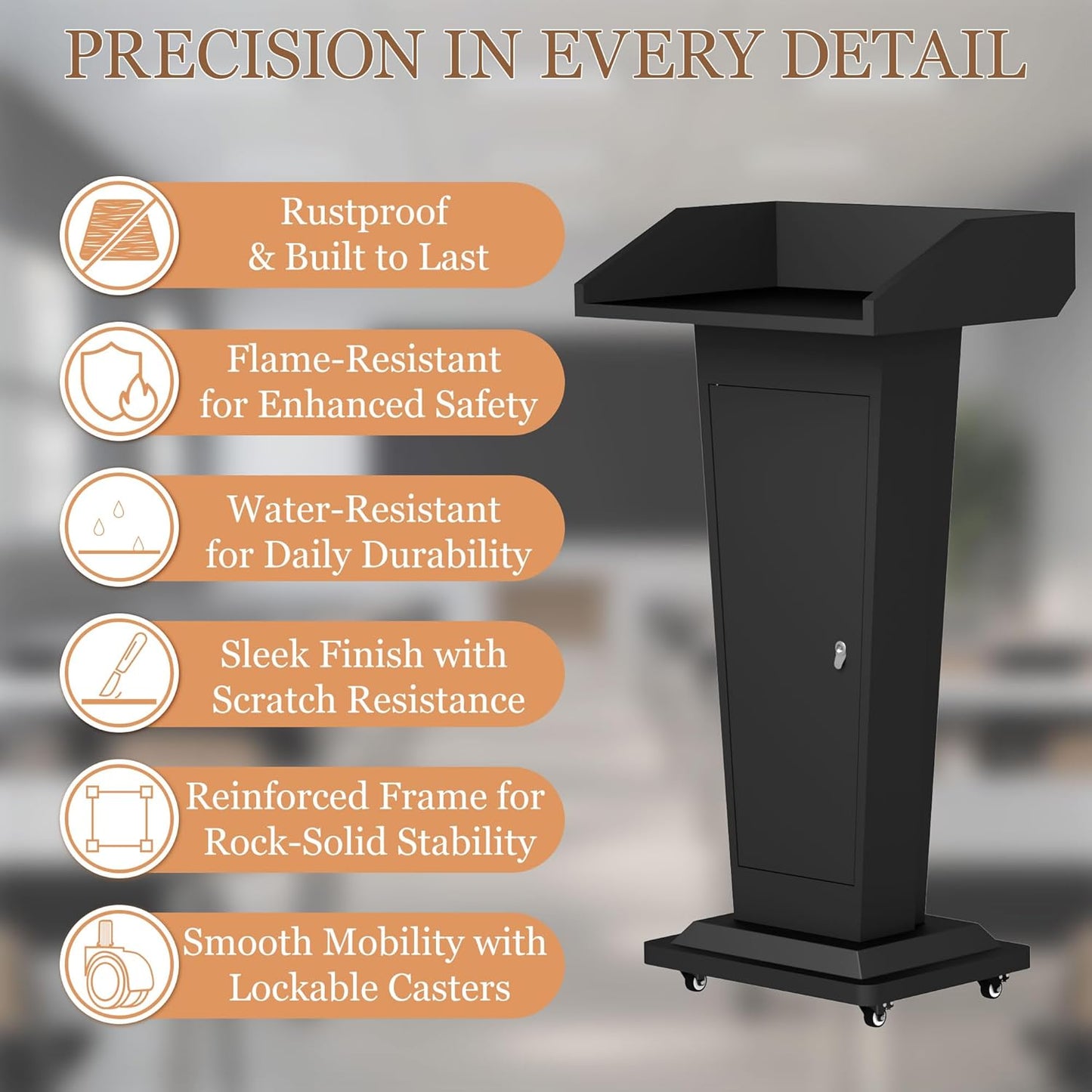 Podium Stand with 4 Locking Wheels, Heavy-Duty Metal Lectern for Church, School, Office, and Conference, Large Lockable Storage Cabinet, 43.7" H, Black