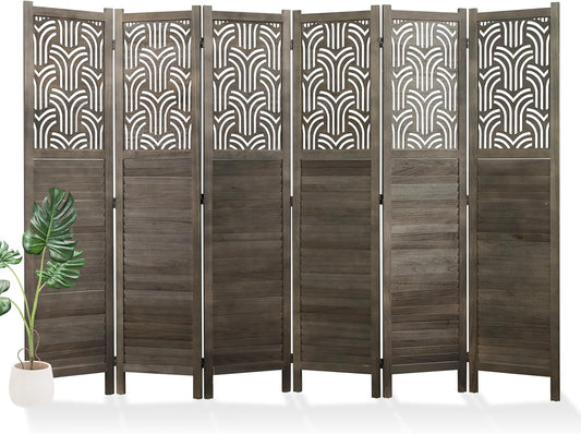 Folding Room Divider, 66.9 Inch 6 Panels Wood Carved Privacy Screens, Free Assembled Freestanding Portable Separation Wall for Home Office Restaurant Bedroom (Gray)