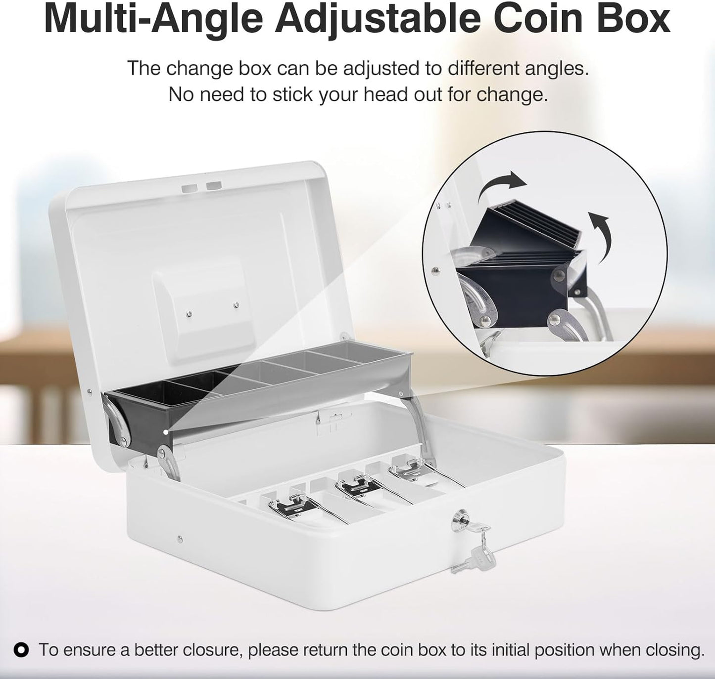 Large Locking Cash Box with Key Lock and Money Tray, Money Box with Cash Tray, Lock Safe Box for Office Business, 11.8" x 9.5" x 3.5", White
