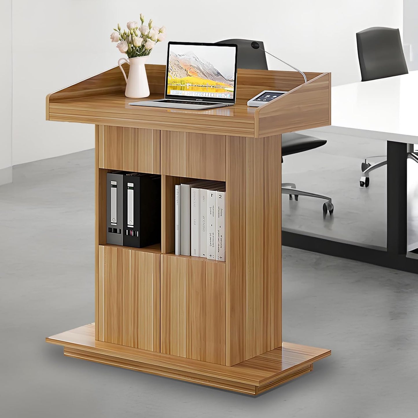 Solid Wooden Podium Stand Podiums for Classroom Lectern Podium Stand Wood Church Pulpit with 3 Levels of Storage and Heightened Baffles (Wood Color, 31.5in)