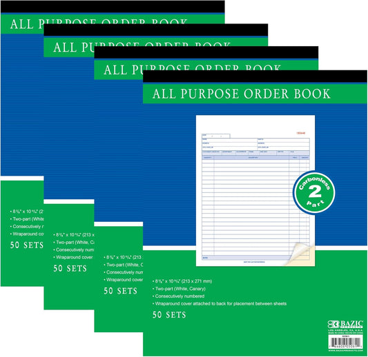 BAZIC All Purpose Order Book, 50 Sets 8 3/8" x 10 11/16" 2-Part Carbonless, White & Bound Wraparound Cover (50 Sets/Pk), 4-Packs