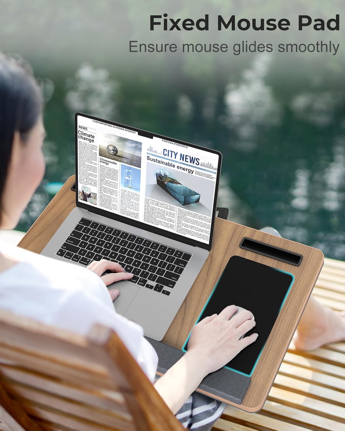 Lap Desk - Up to 17” Laptop Tray with Wrist Rest, Portable Handle, Fixed Mouse Pad, Tablet & Phone Slots, Laptop Stand for Bed with Cushion (Dark Brown Woodgrain)