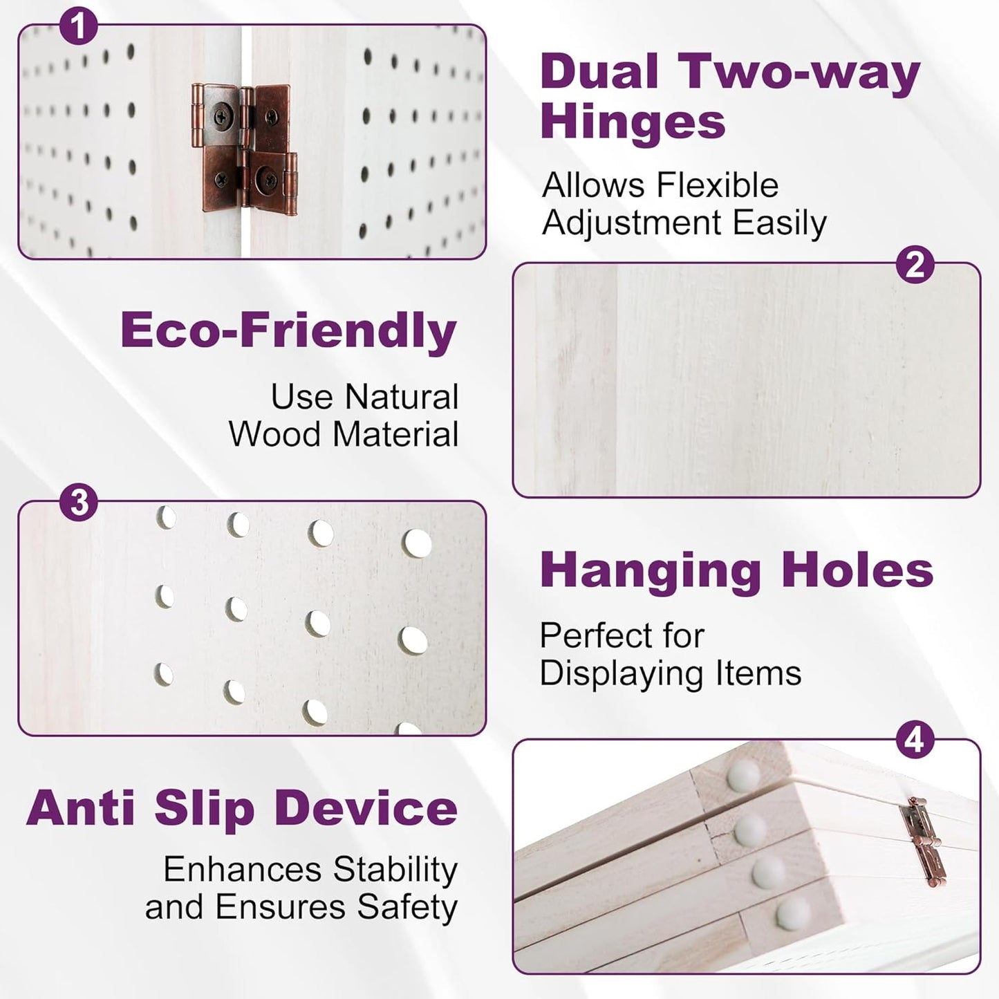 Room Divider, 5.6FT Folding Room Divider Panel, 4 Panel Pegboard Display Wood Partition Wall Divider for Room Separation& Craft Shows, White