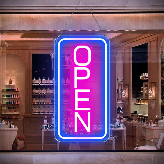 Neon Open Signs for Business, 16''x 9'' LED Open Sign, Super Bright Open Neon Sign (Blue&Pink), Neon Light Up Sign for Window Party Wall Bars Coffee Salon Club Hotel,Vertical