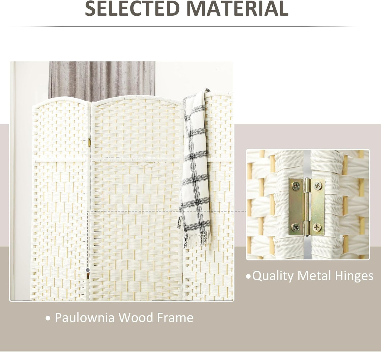 HOMCOM 6 Panel Room Divider, 6' Tall Folding Privacy Screen, Hand-Woven Freestanding Wall Partition for Home Office, Bedroom, White