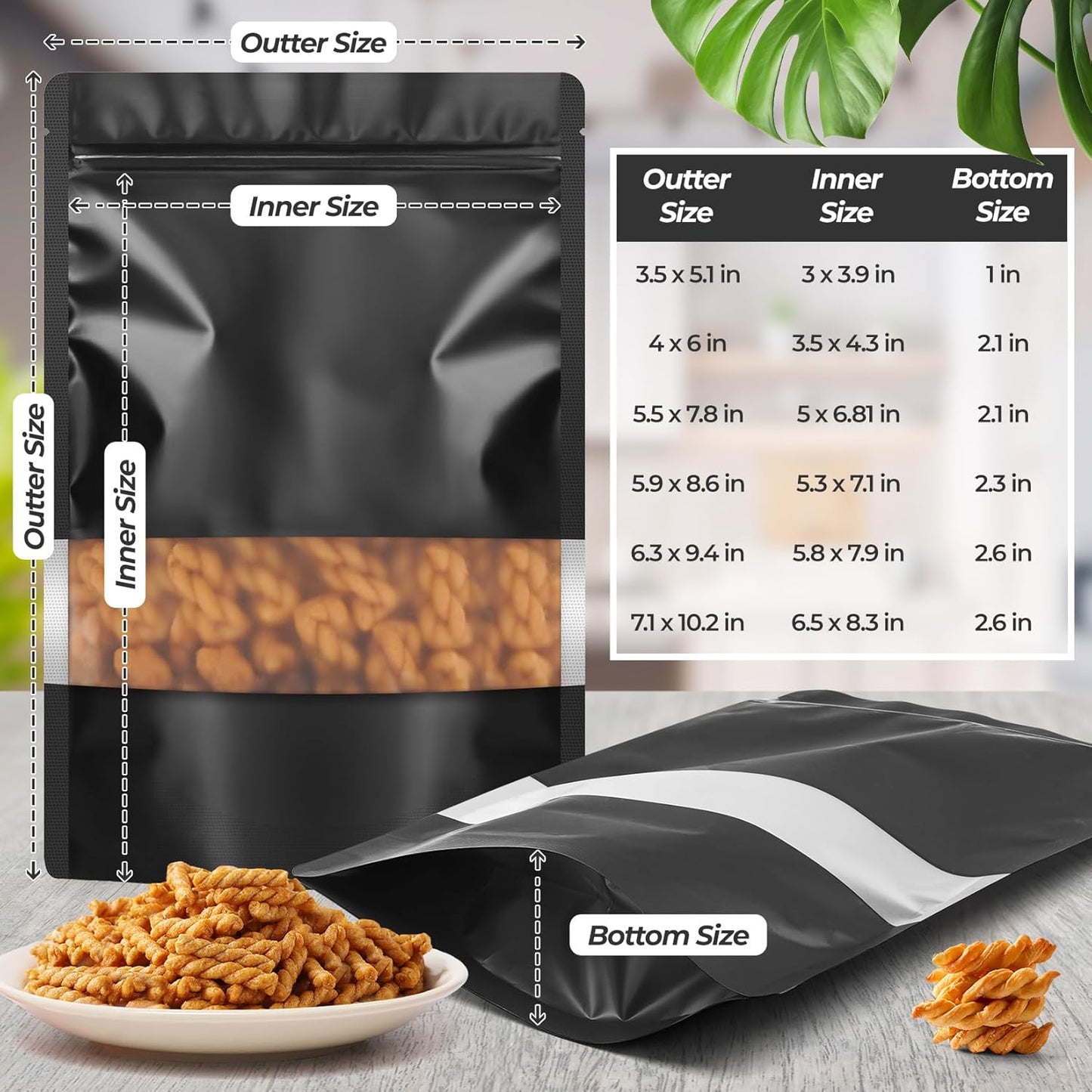 Funfery 100 Pcs Black 4x6 Smell Proof Packaging Bags,Mylar Clear Bags for Food Storage,Sealable Bag for Packaging,Stand Up Pouches with Window,ReSealable Bag for Small Business,Cookies,Candy