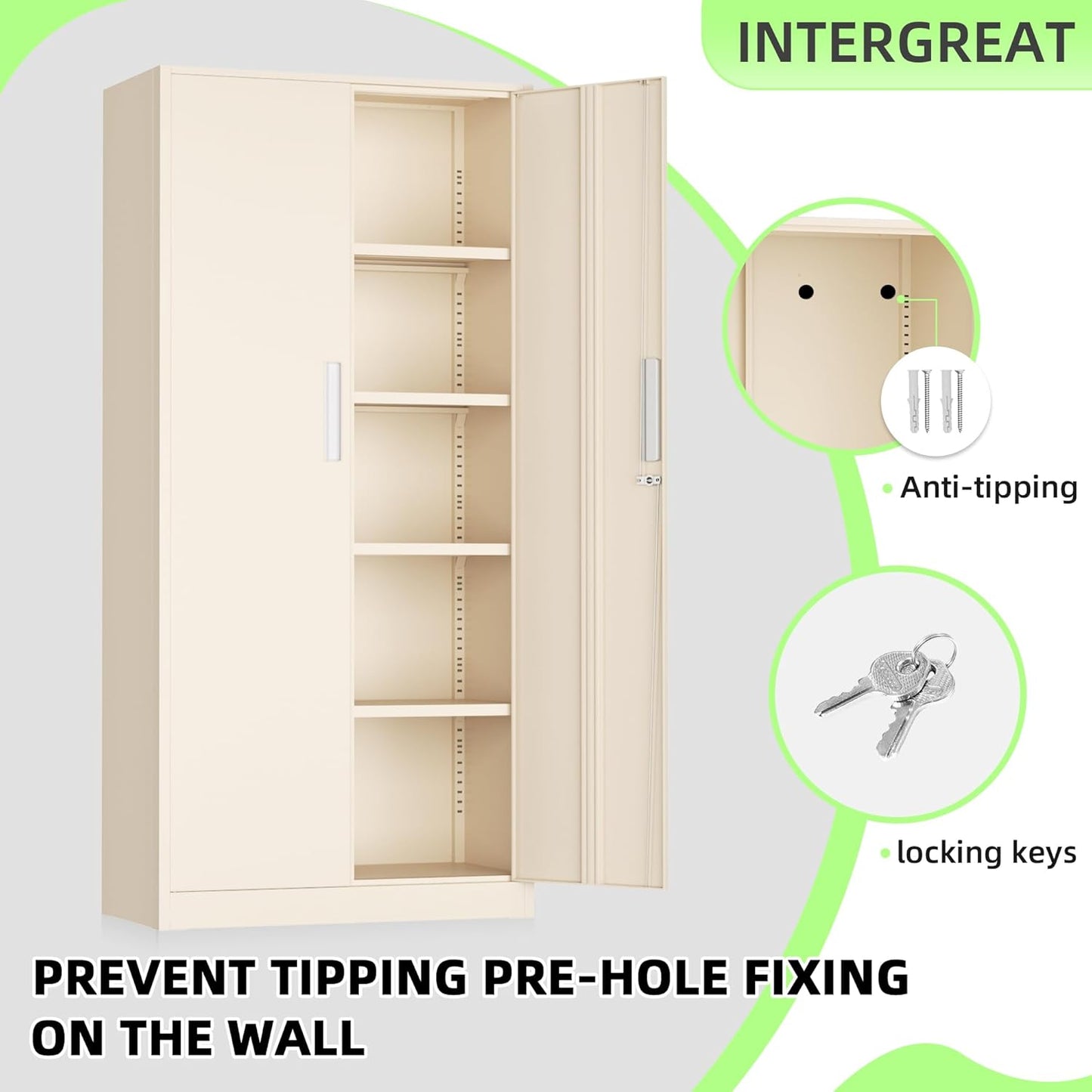 SUNCROWN 72" Metal Storage Cabinet - Heavy-Duty Metal Garage Cabinet with 4 Adjustable Shelves & 2 Doors for Tools, Office, Home, Workshop,Warm Grey-Small