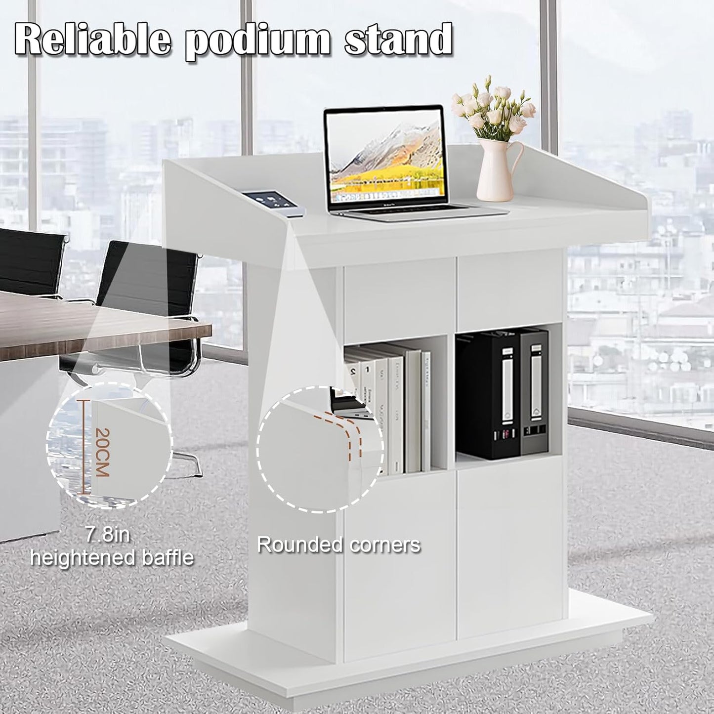 Solid Wooden Podium Stand Podiums for Classroom Lectern Podium Stand Wood Church Pulpit with 3 Levels of Storage and Heightened Baffles (White, 31.5in)