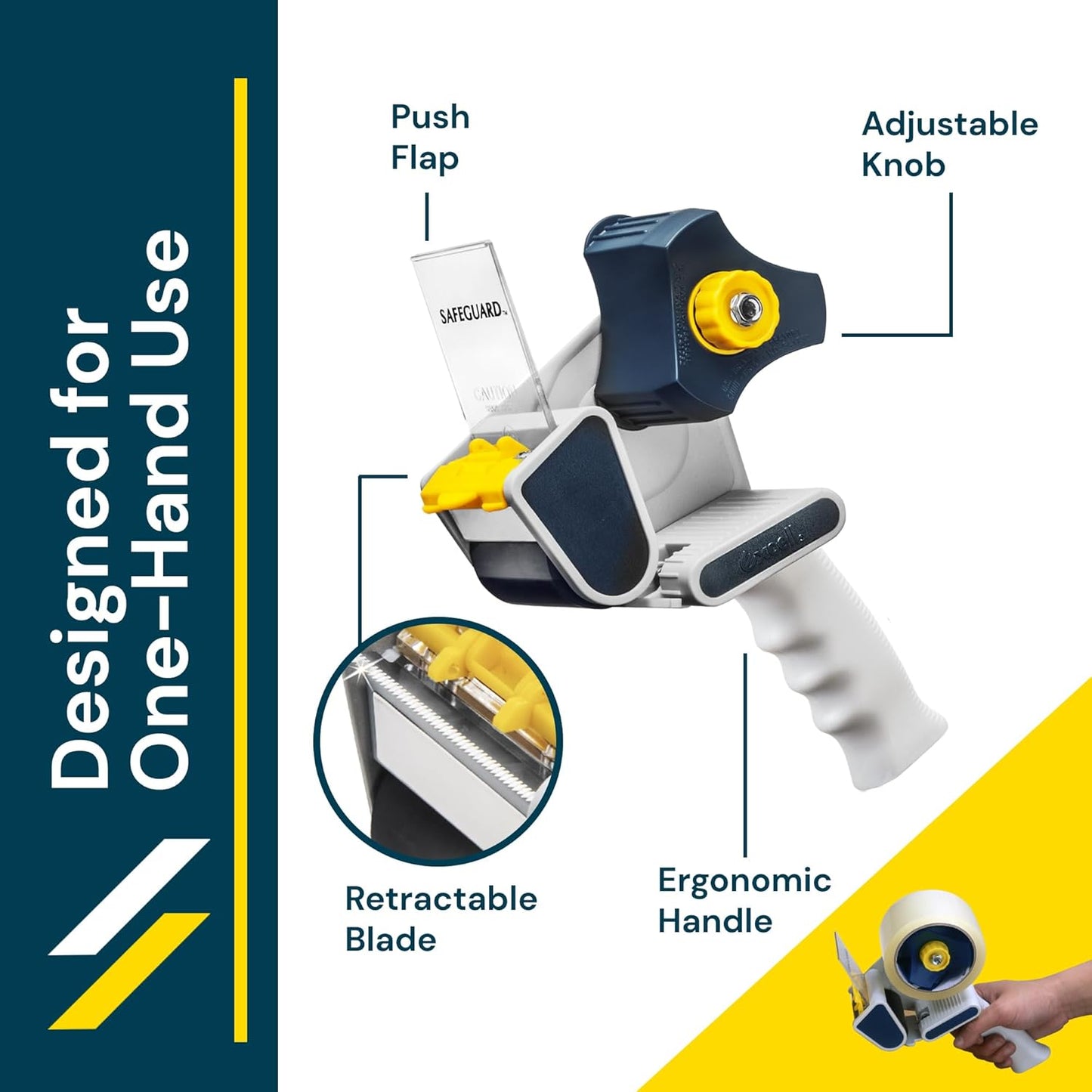 Excell Safeguard Packing Tape Dispenser with 1 Roll Transparent Tape, 2 Inch Wide Tape Gun with Pushflap Technology for Effortless Packaging, Box & Carton Sealing