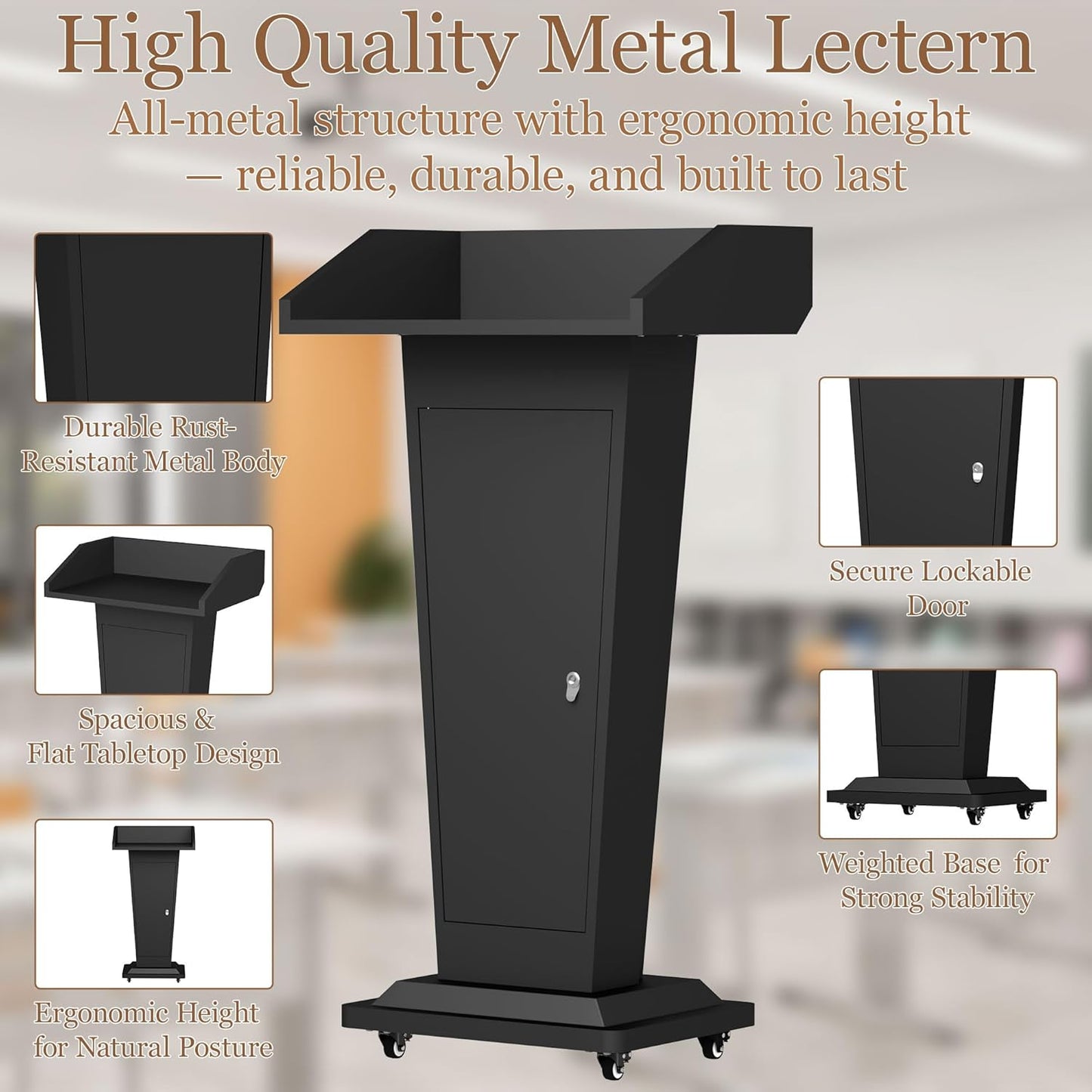Podium Stand with 4 Locking Wheels, Heavy-Duty Metal Lectern for Church, School, Office, and Conference, Large Lockable Storage Cabinet, 43.7" H, Black