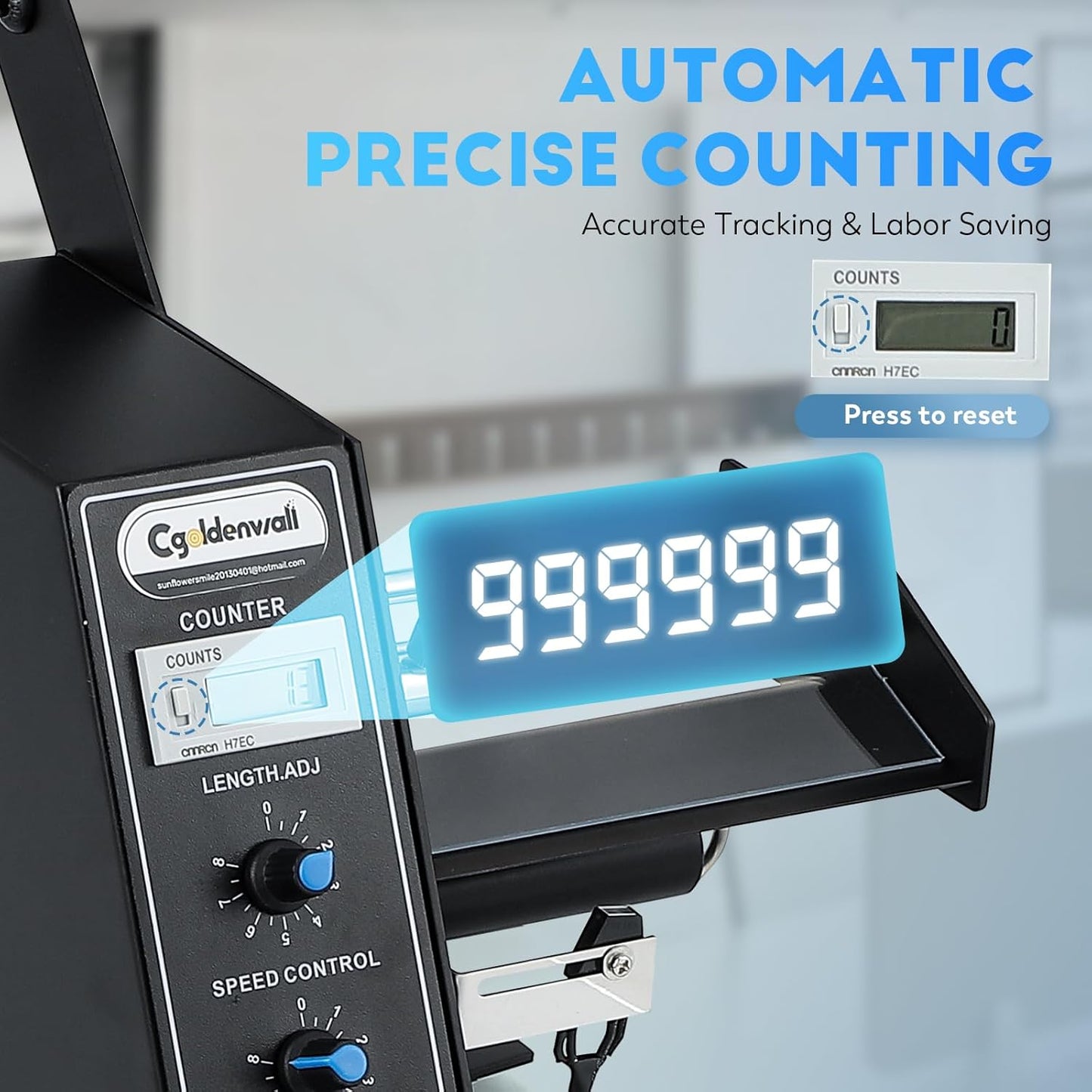 CGOLDENWALL Automatic Label Dispenser Sticker Roll Dispenser for Logistics Office Home, 1-8m/min Speed Adjustable, Length 0.12-5.9" Width 0.16-5.5", Auto Sensing&Counting, Max Roll Dia. 9.8"