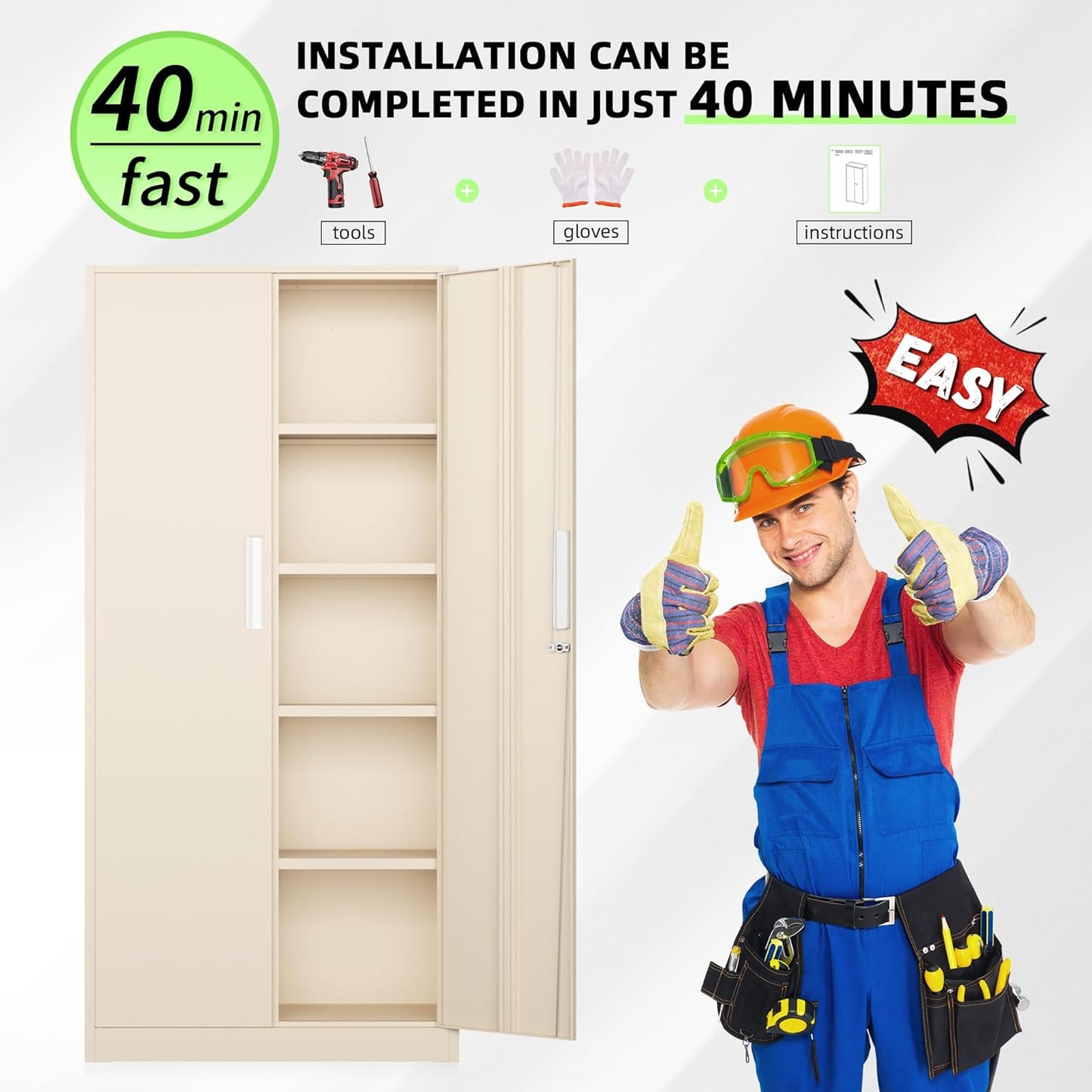 SUNCROWN 72" Metal Storage Cabinet - Heavy-Duty Metal Garage Cabinet with 4 Adjustable Shelves & 2 Doors for Tools, Office, Home, Workshop,Warm Grey-Small