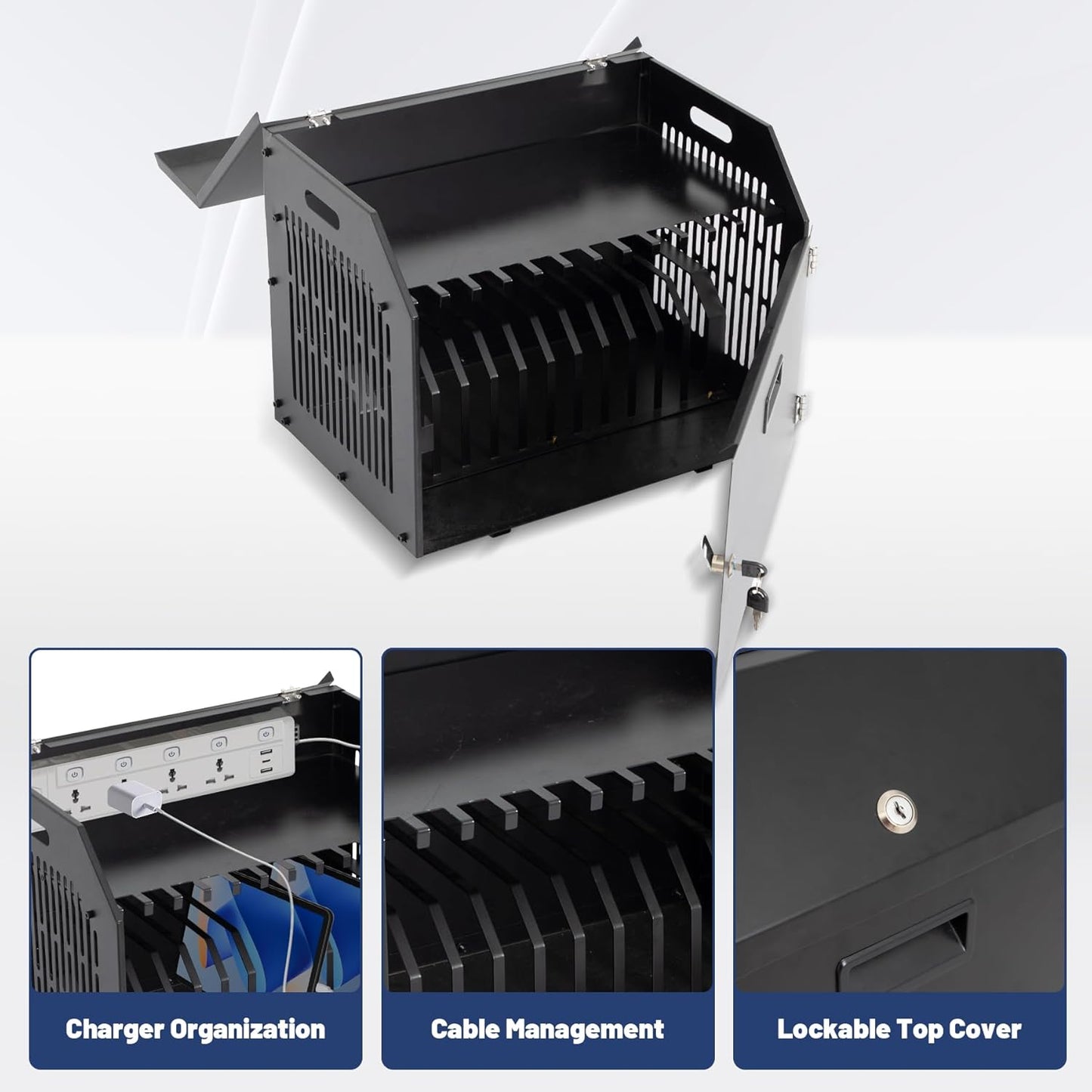 biosp 12-Device Portable Charging Station with Lock for Tablets, iPads, Chromebooks, Locking Laptop Storage Box, Lockable Cabinet with Cable Management for Classroom, Office, Black