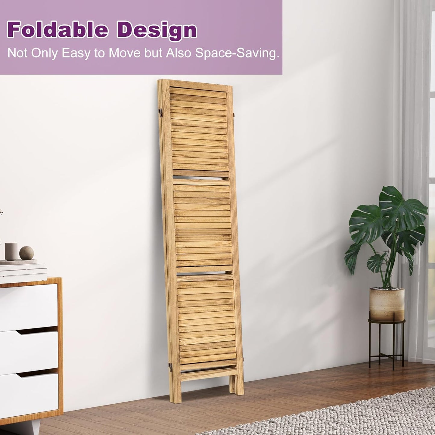 Room Divider with Shelves, 5.6FT Folding Room Divider Panel, 4 Panel Wood Partition Wall Divider for Room Separation, Natural Wood