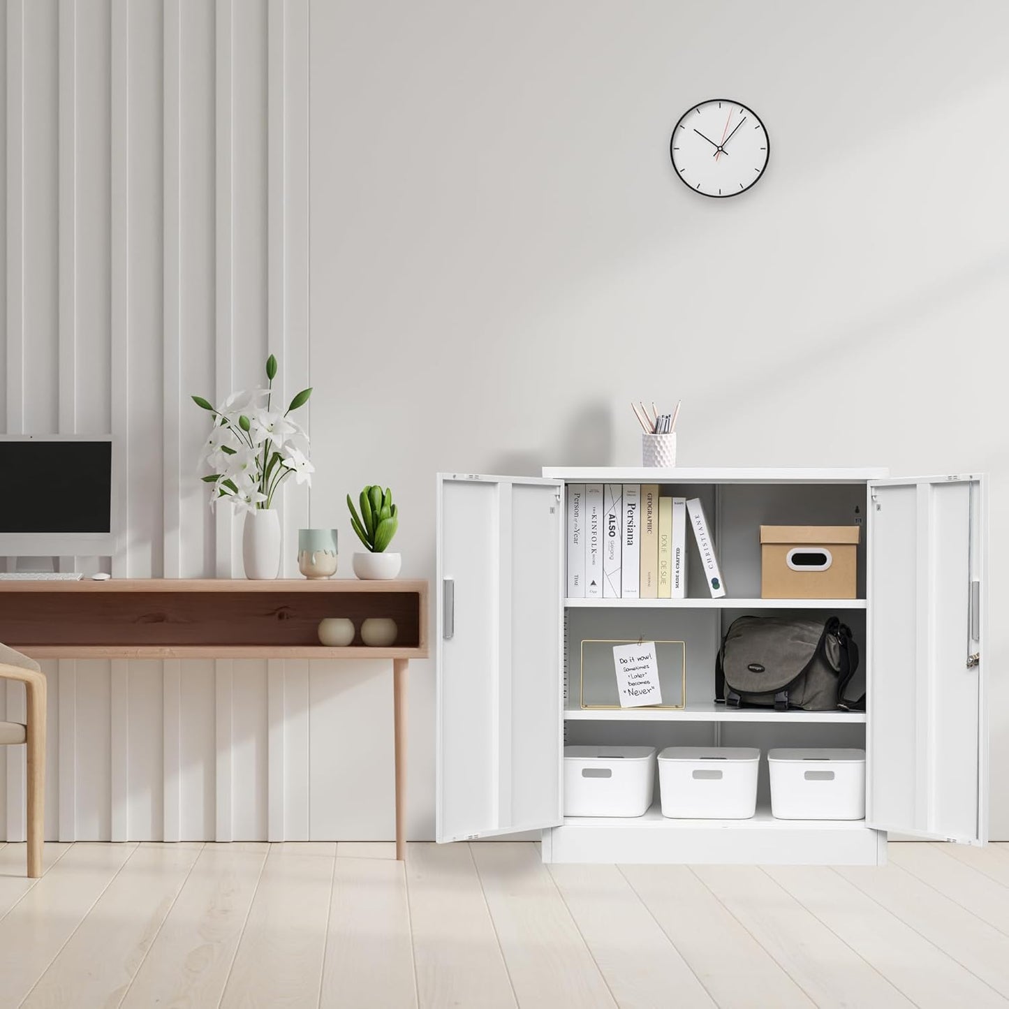 BESFUR Metal Storage Cabinet, 36"- White Locking Cabinet with Two Adjustable Shelves, Garage Storage Cabinet for Office, Garage, Home