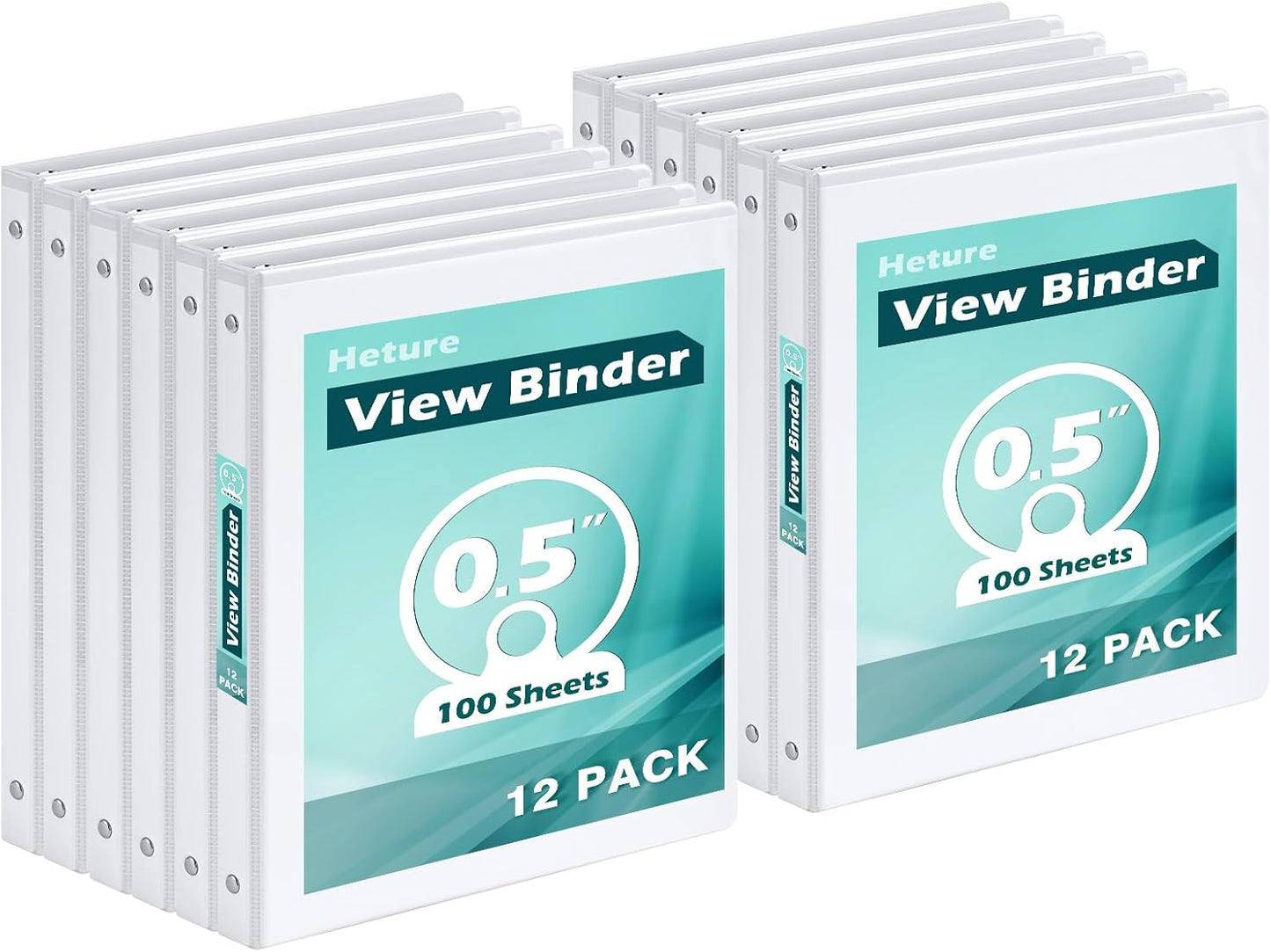 3 Ring Binder 0.5 Inch 12 Pack, 0.5" Clear View with Round Rings, PVC-Free,Holds for 100 Sheets 8.5" x 11" US Letter Size Paper, Durable White Binders Perfect for Office,School and Home