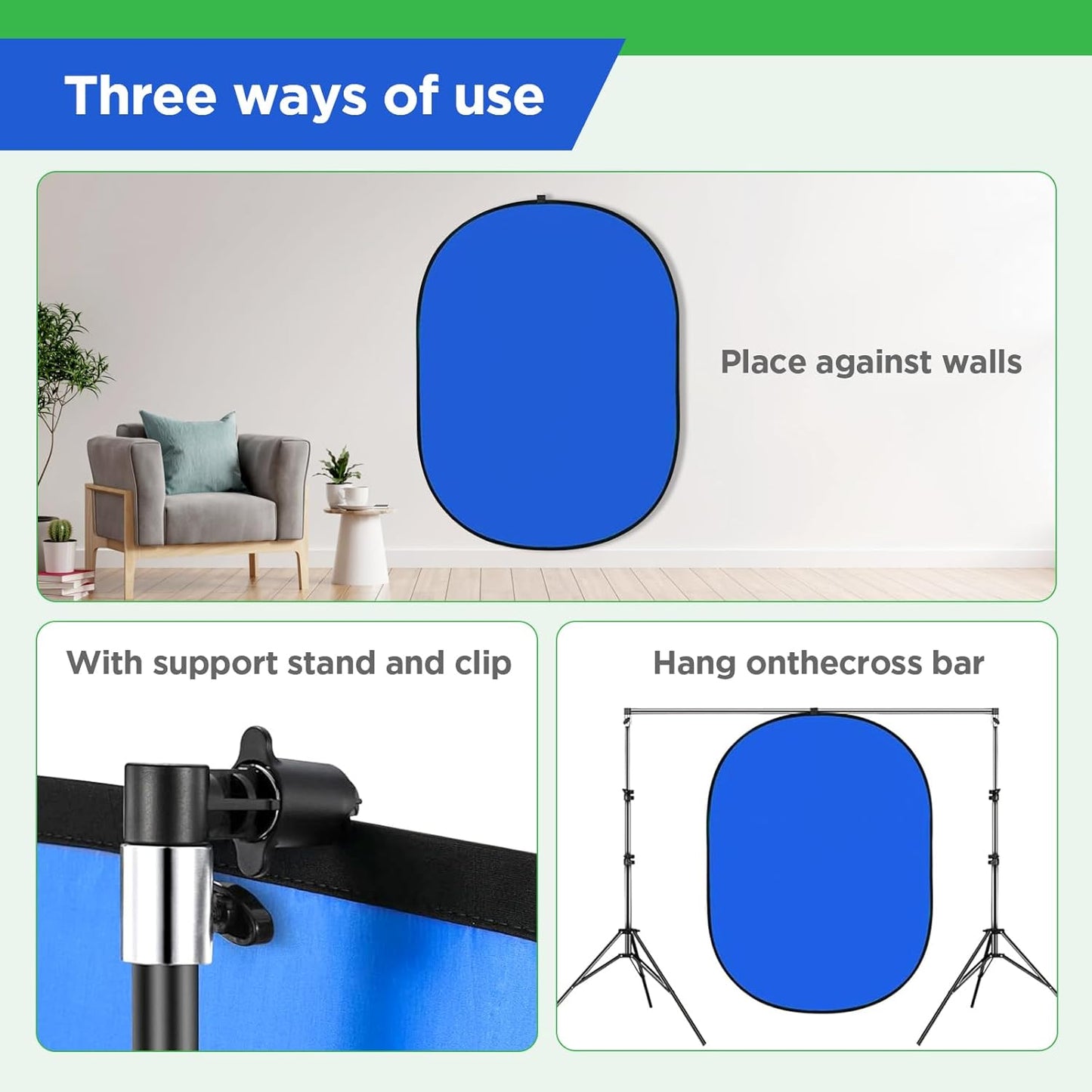 Portable Green Screen Backdrop with Stand,Foldable 5x7ft Chromakey Blue&Green Screen 2 in 1 Pop Up Collapsible Backdrop for Photo and Video Shooting,Gaming (Green & Blue)