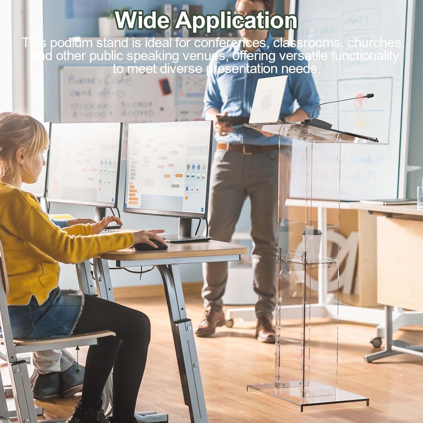 Dethan Acrylic Clear Lecterns Podium Stand, 50 Inch - Pulpits for Classrooms, Weddings, Churches, Conference, Speeches, Professional Presentation Podiums with Storage Shelf (Transparent)