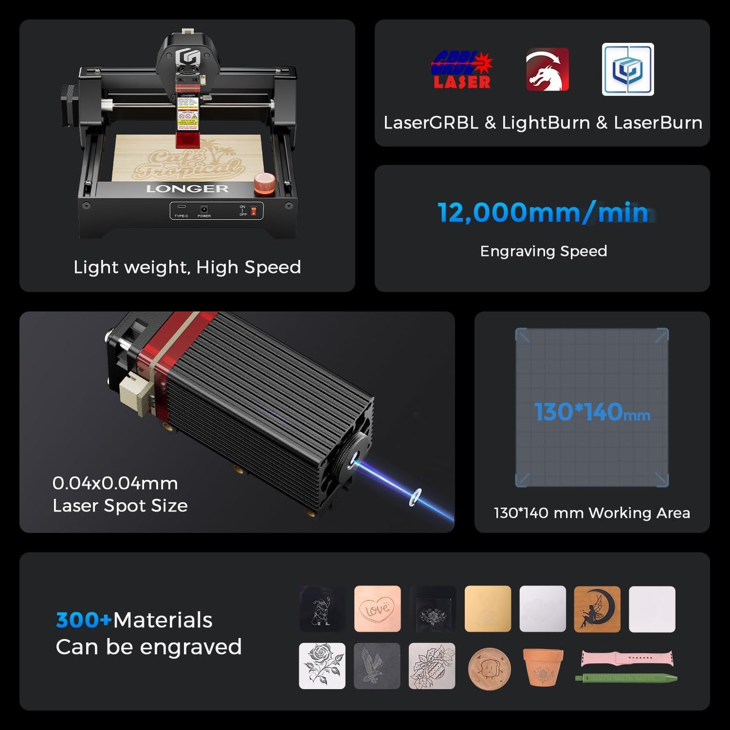 LONGER Ray5 mini 2.5W Laser Engraver with 15.7"x 15.7" Honeycomb Bed, 12000mm/min High-Speed Cutter for Wood, Metal, Acrylic, Leather, DIY CNC, 130x140mm Engraving Area, WiFi, Emergency Stop Safety