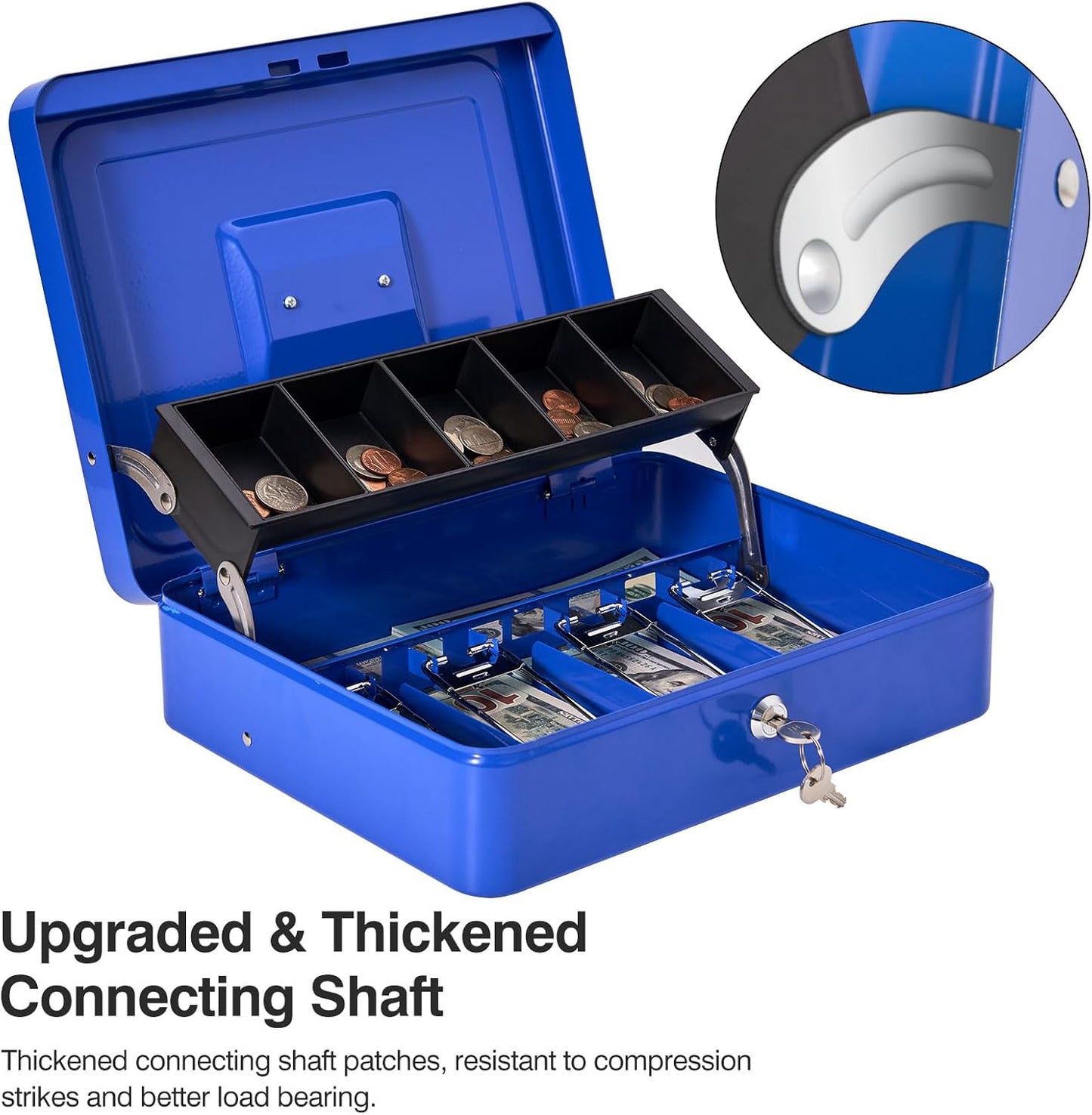 Large Locking Cash Box with Key Lock and Money Tray, Money Box with Cash Tray, Lock Safe Box for Office Business,11.8" x 9.5" x 3.5", Blue